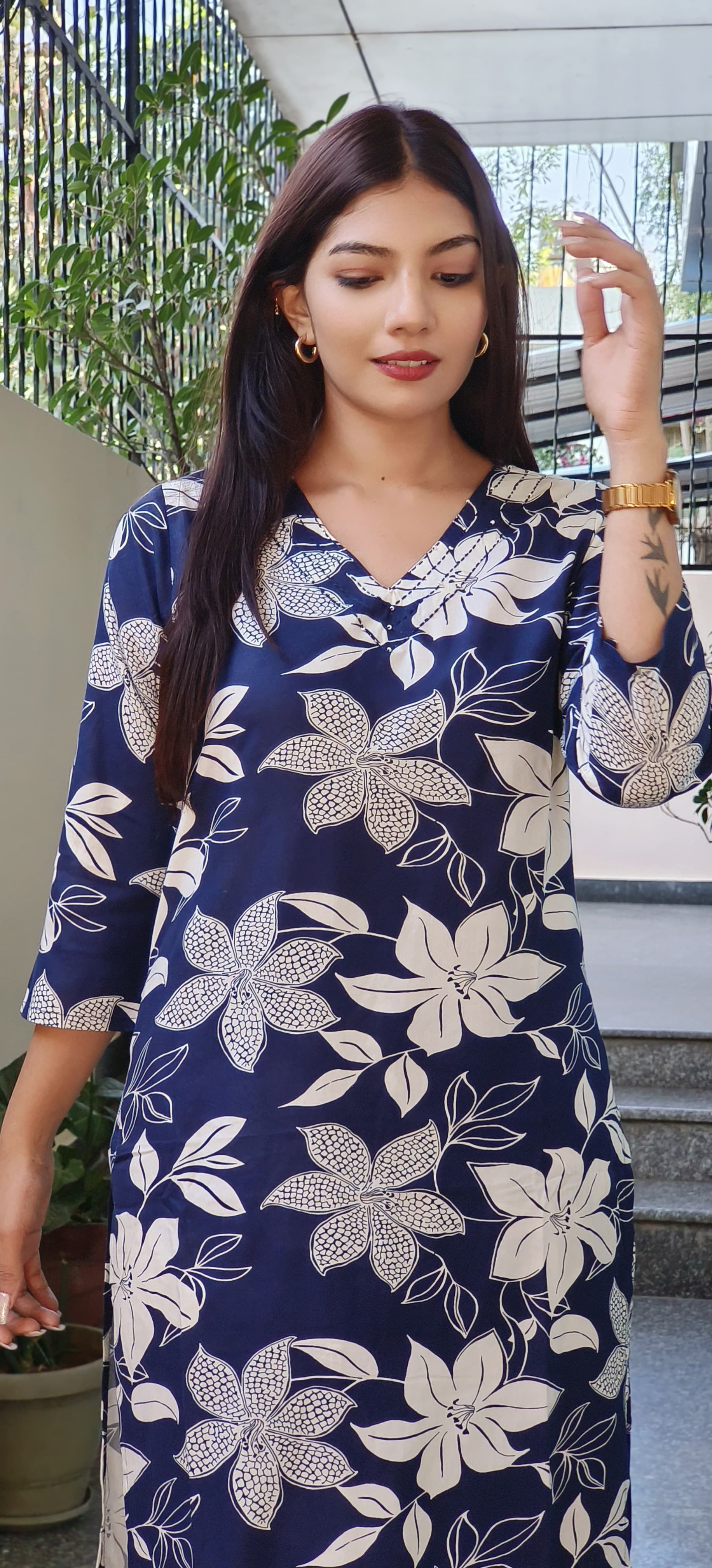 Flower Print Slub Cotton V-Neck Kurta with Loose Pant Set-08787-08786