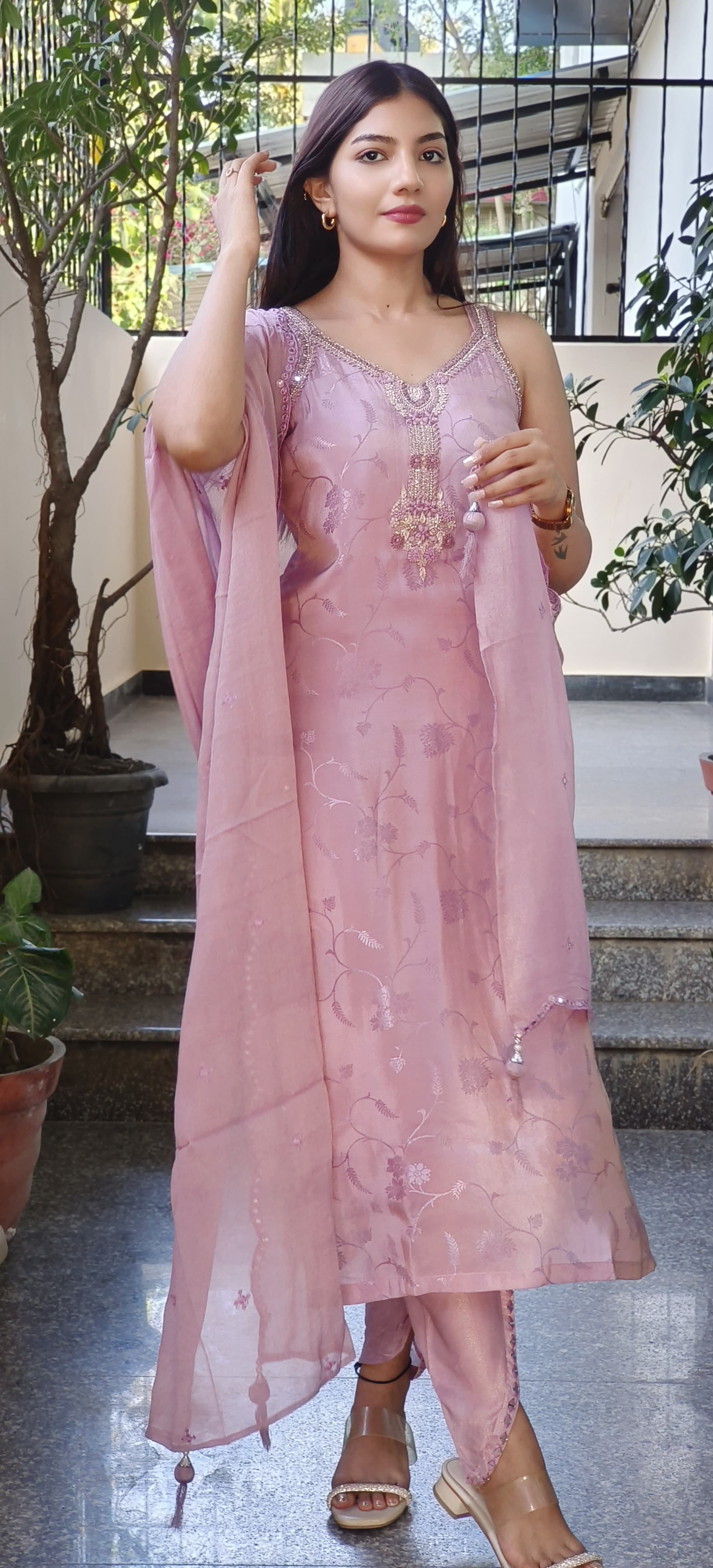 Radiant Tissue Zardosi Embroidered Neckline With Tulip Pant And Dupatta and separate Slevees-08801-08678-08800-08802-08803