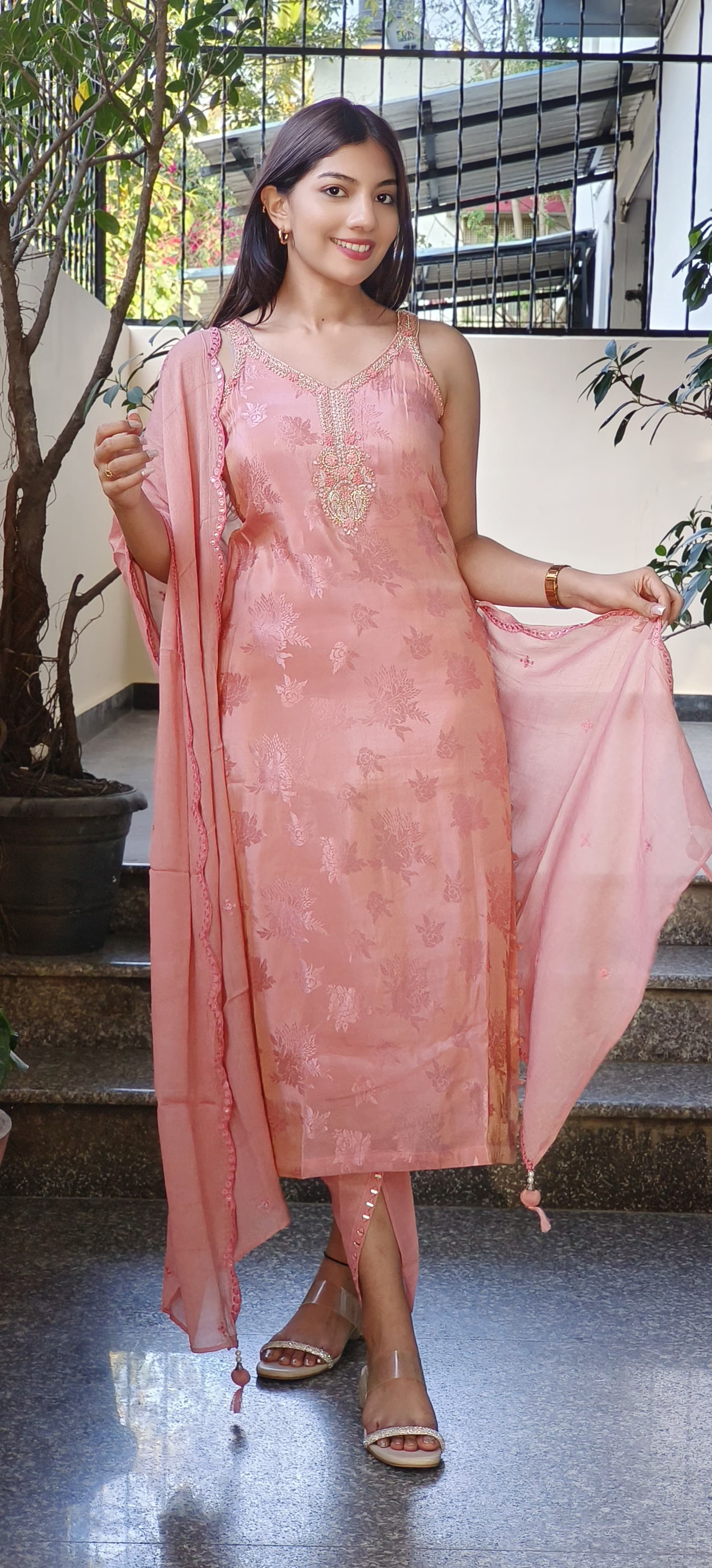 Radiant Tissue Zardosi Embroidered Neckline With Tulip Pant And Dupatta and separate Slevees-08801-08678-08800-08802-08803