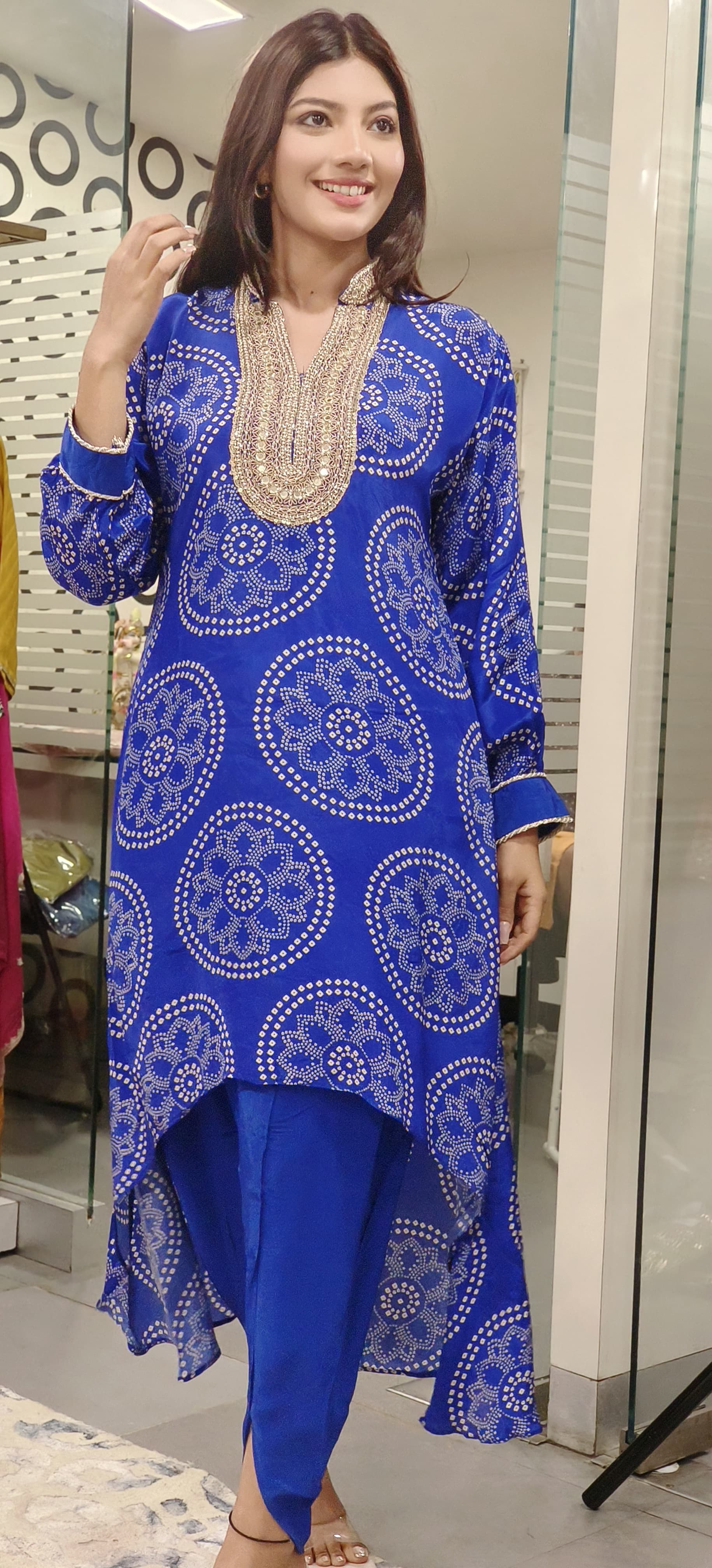 Stylish Bandhani Print High-Low Kurti with Tulip Pants Embellished Neckline-08862-08863