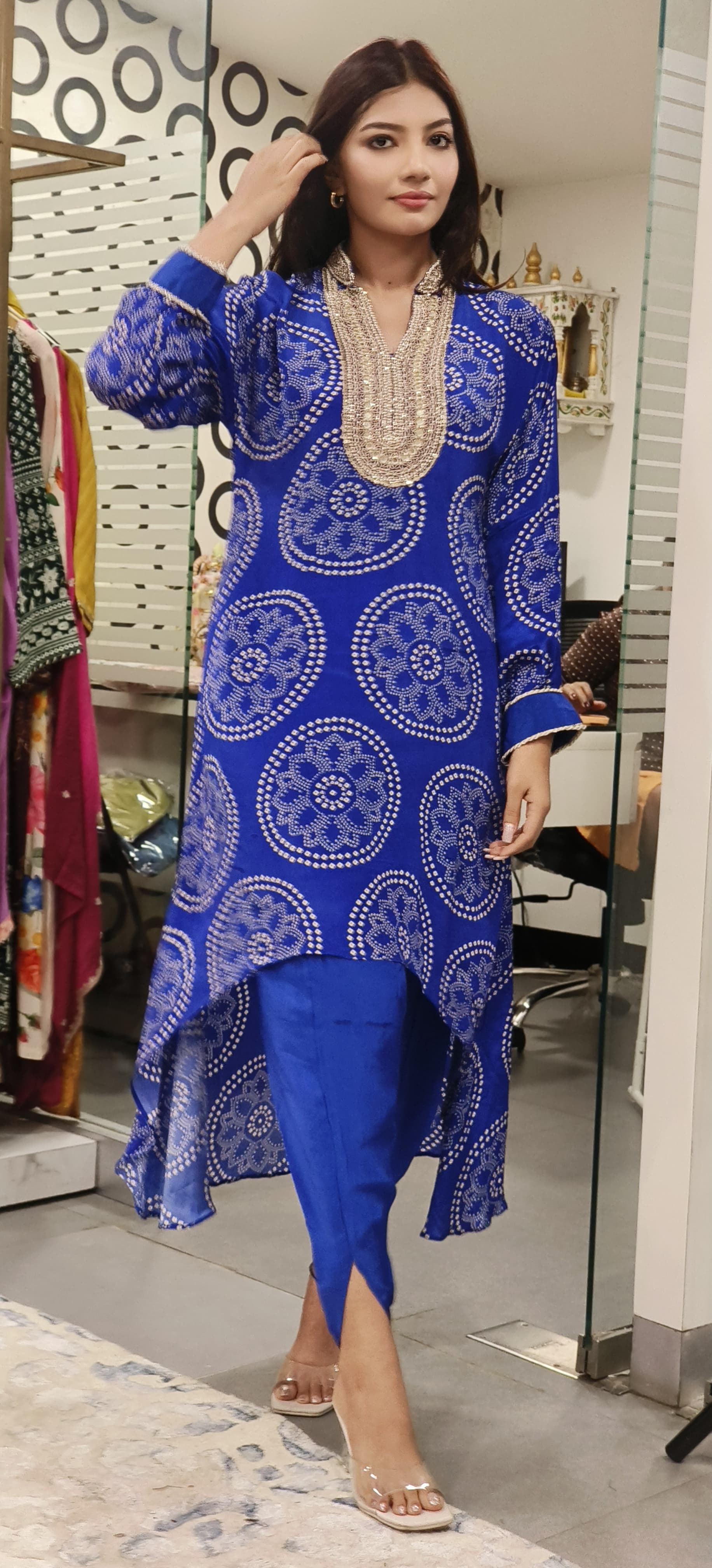 Stylish Bandhani Print High-Low Kurti with Tulip Pants Embellished Neckline-08862-08863