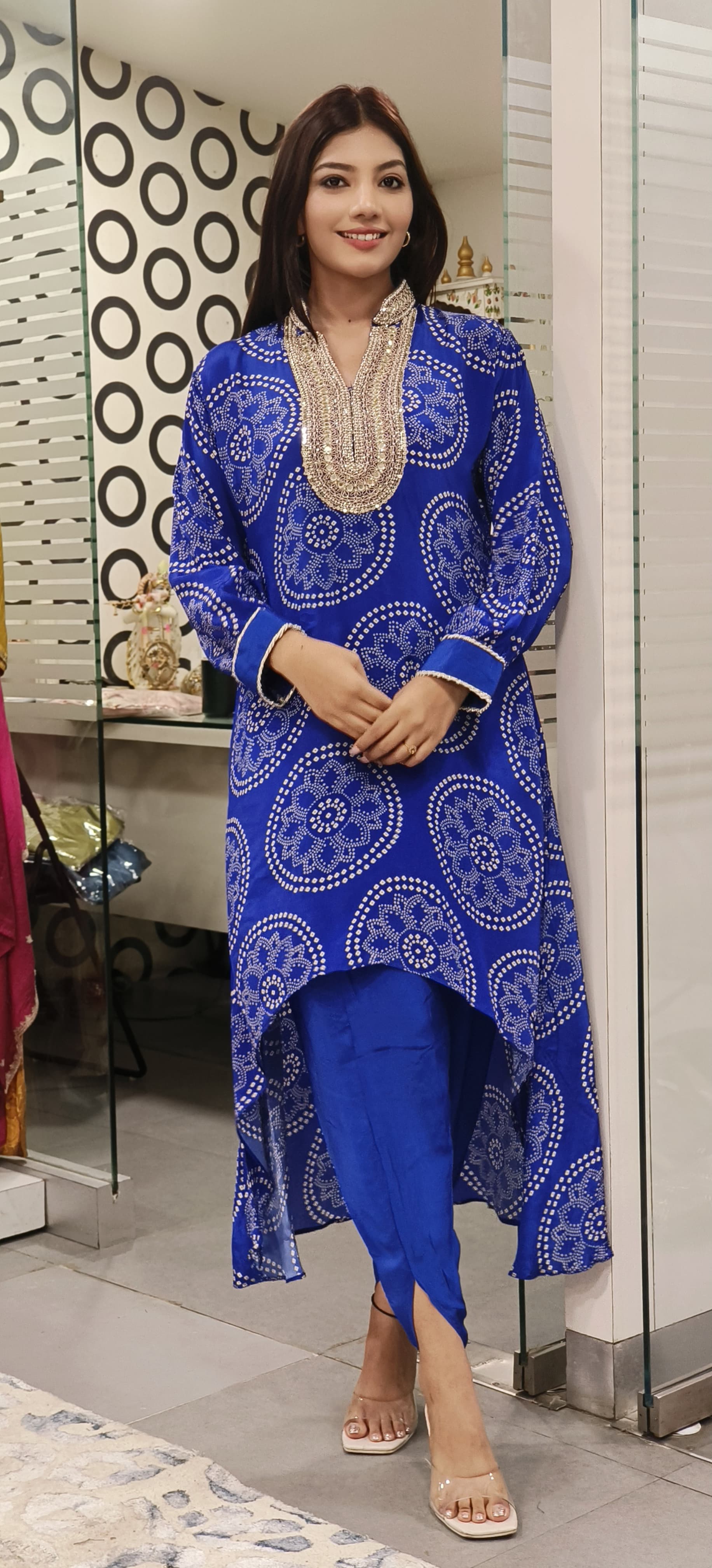 Stylish Bandhani Print High-Low Kurti with Tulip Pants Embellished Neckline-08862-08863