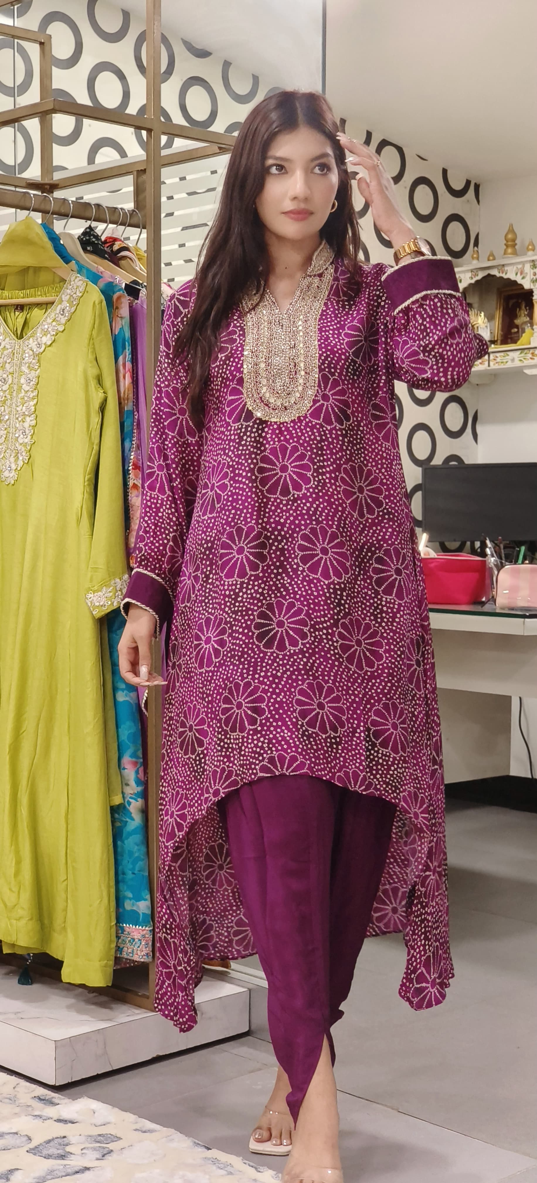 Stylish Bandhani Print High-Low Kurti with Tulip Pants Embellished Neckline-08862-08863