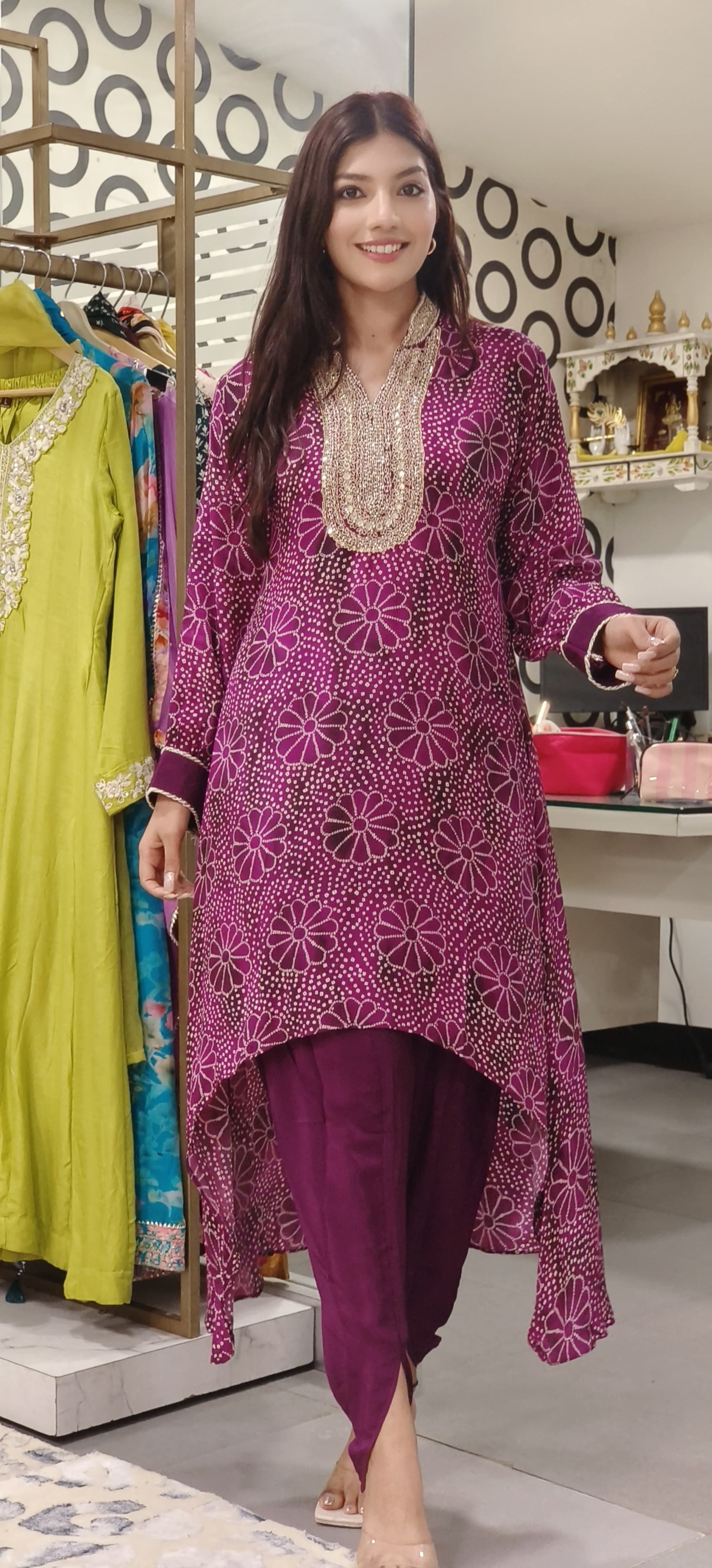 Stylish Bandhani Print High-Low Kurti with Tulip Pants Embellished Neckline-08862-08863