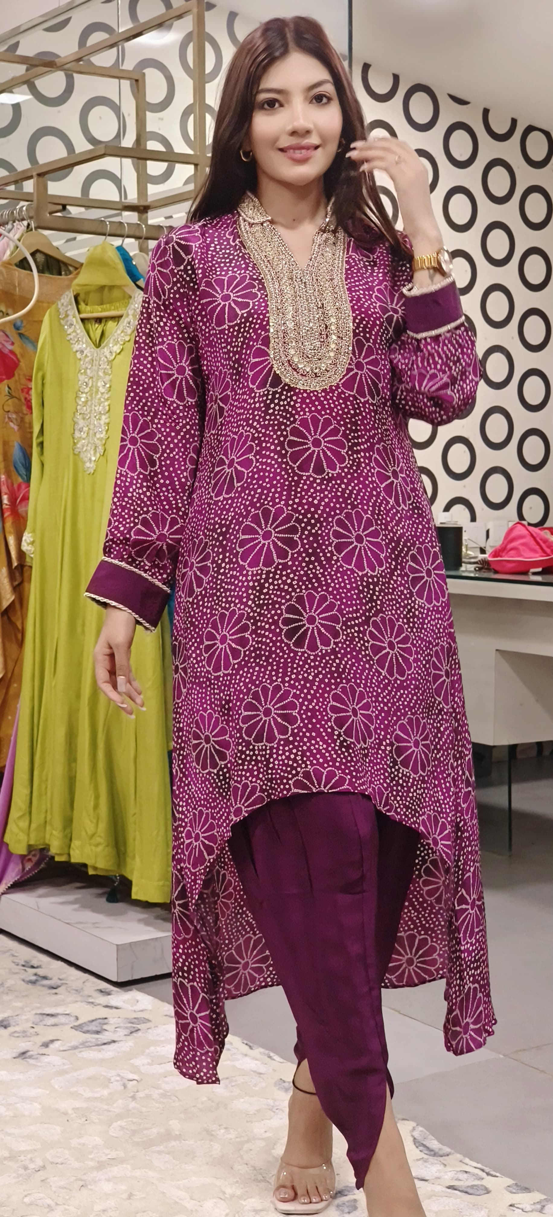 Stylish Bandhani Print High-Low Kurti with Tulip Pants Embellished Neckline-08862-08863