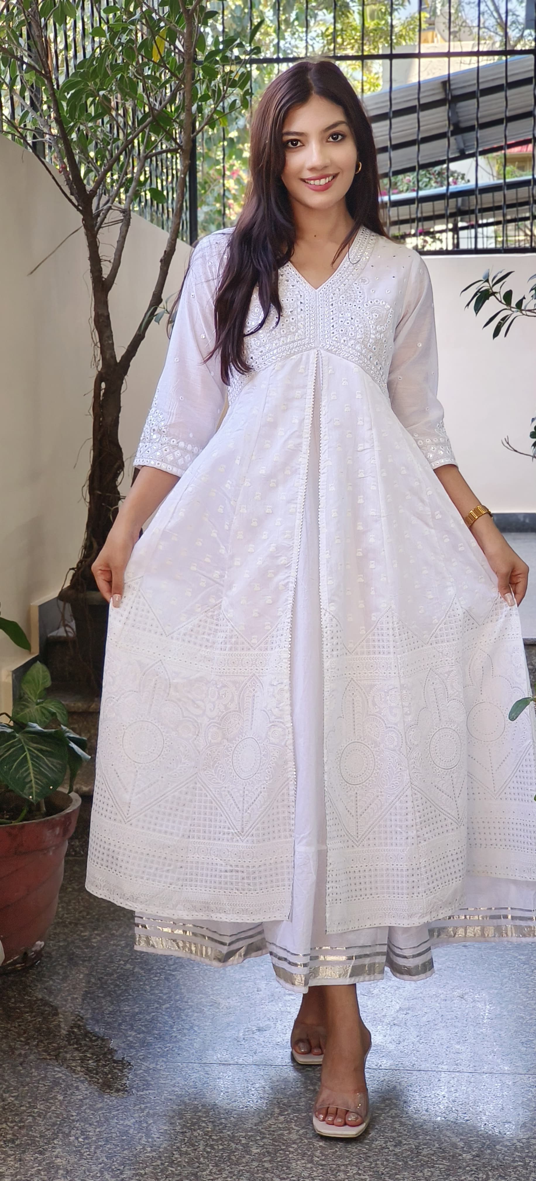 Elegant Foil Mirror Cotton Anarkali Kurti Gown