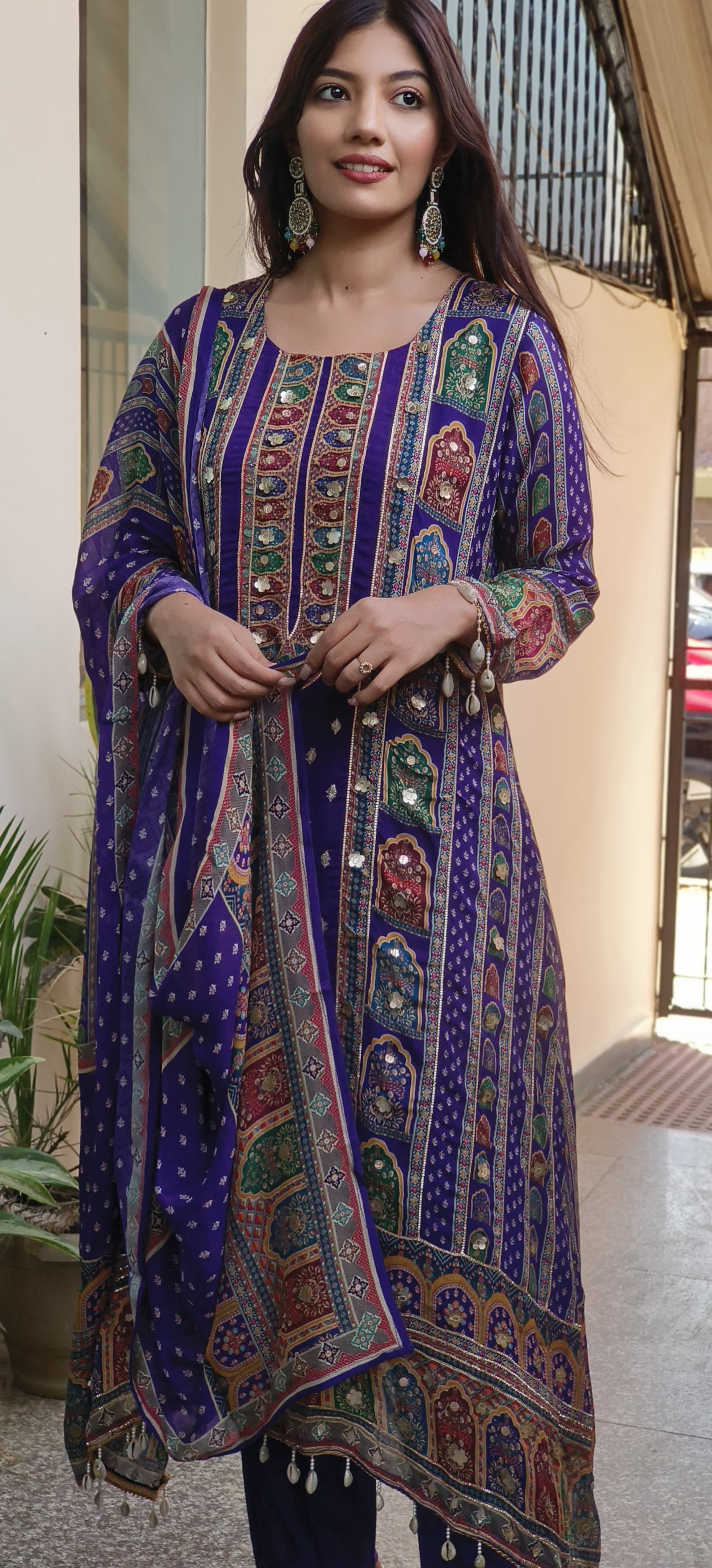 Graceful Purple High-Low Pure Chinon Pakistani Suit with Intricate Kodi & Gota Work