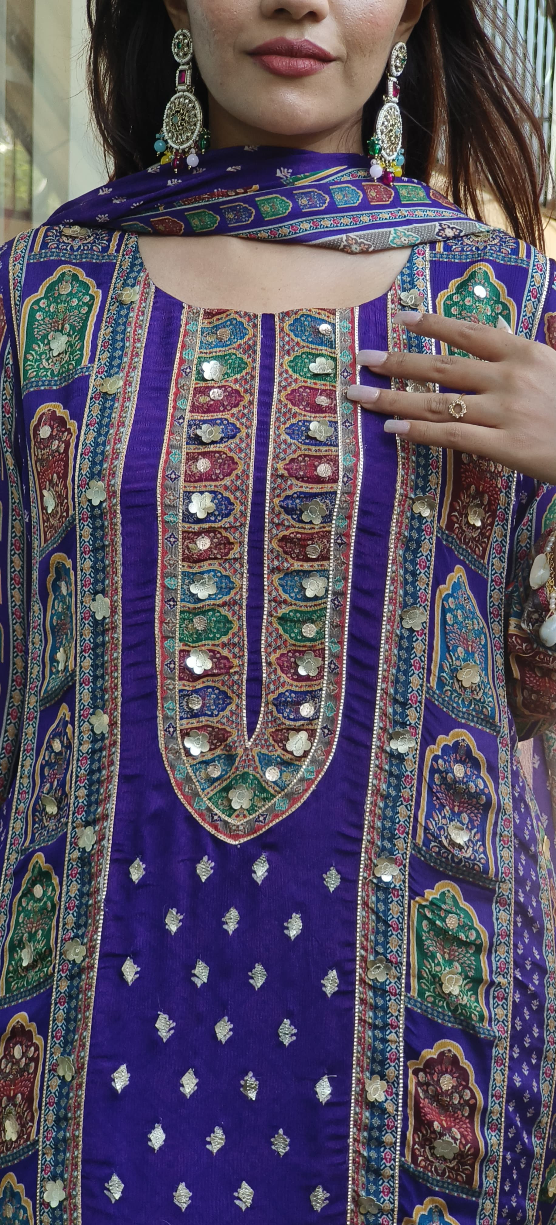 Graceful Purple High-Low Pure Chinon Pakistani Suit with Intricate Kodi & Gota Work