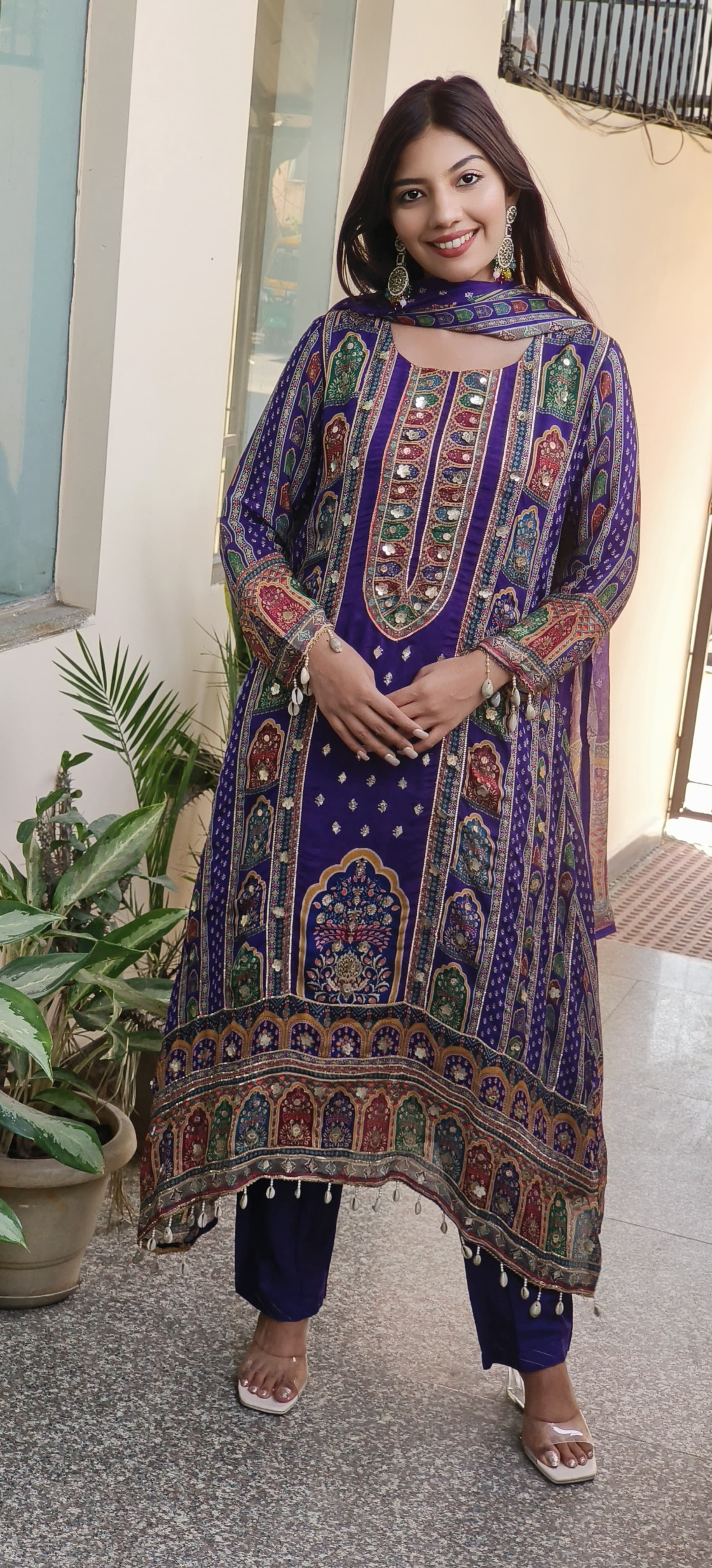 Graceful Purple High-Low Pure Chinon Pakistani Suit with Intricate Kodi & Gota Work