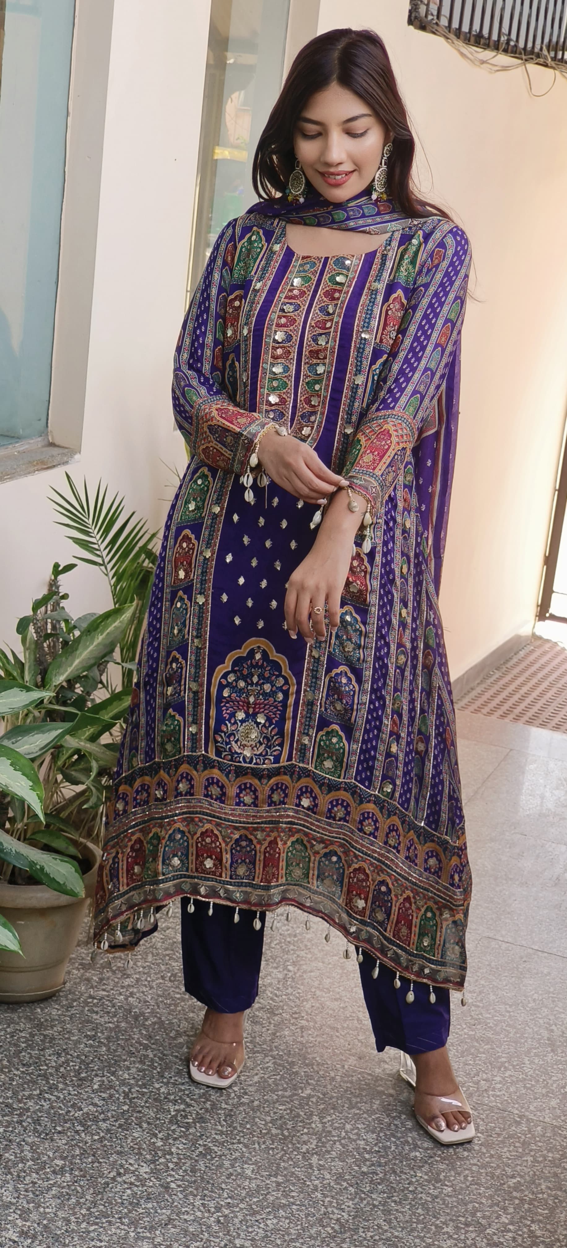 Graceful Purple High-Low Pure Chinon Pakistani Suit with Intricate Kodi & Gota Work