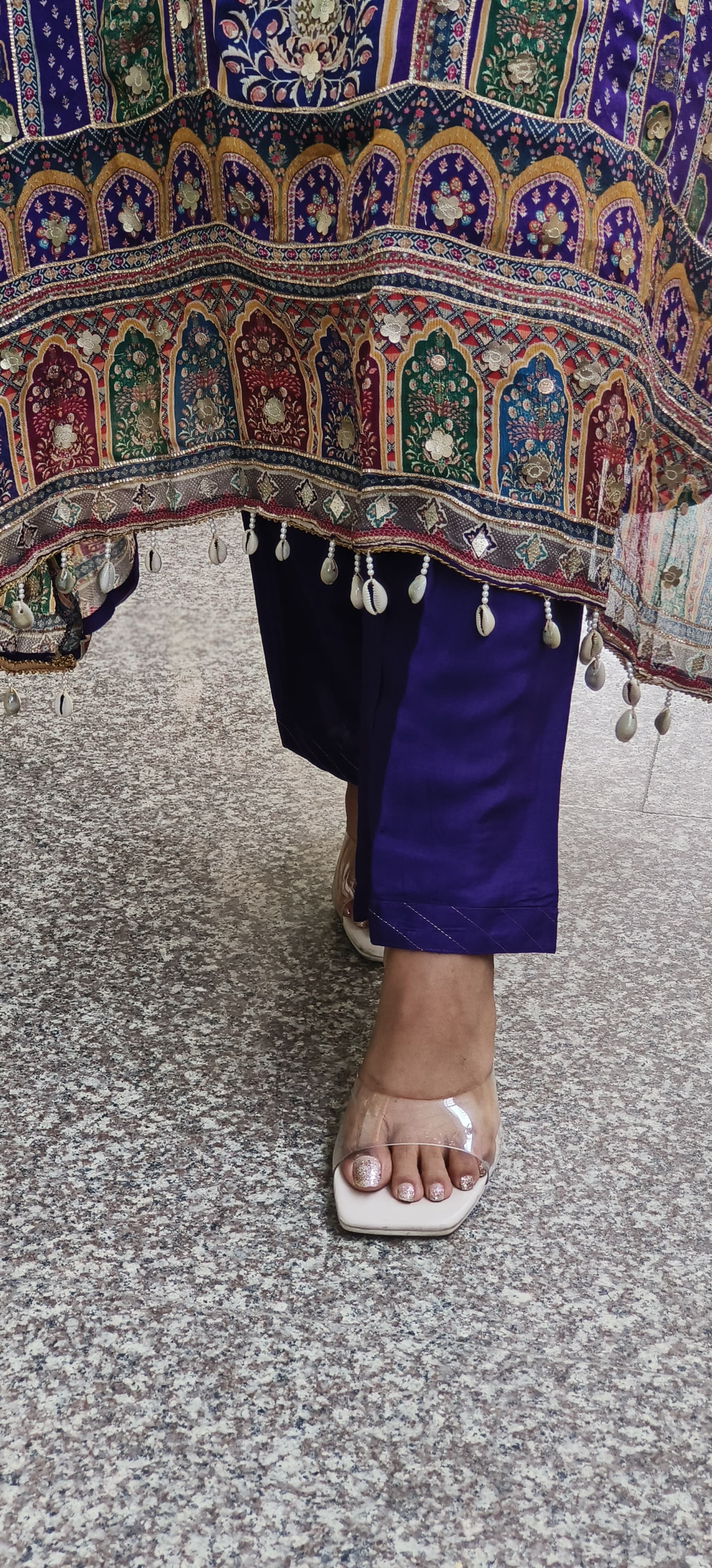 Graceful Purple High-Low Pure Chinon Pakistani Suit with Intricate Kodi & Gota Work