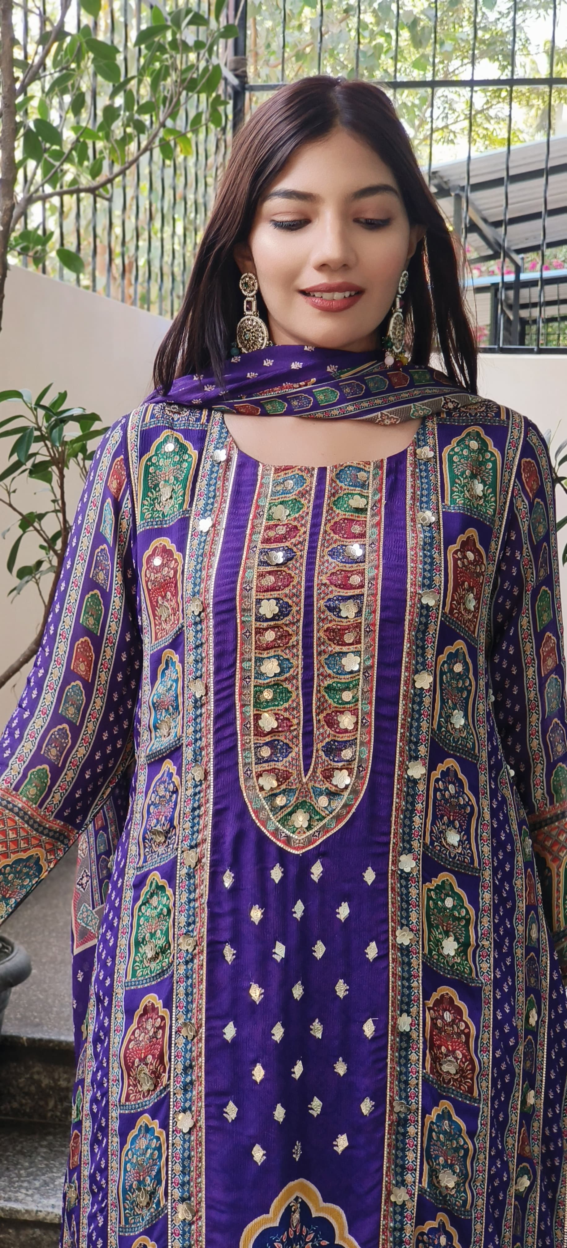 Graceful Purple High-Low Pure Chinon Pakistani Suit with Intricate Kodi & Gota Work
