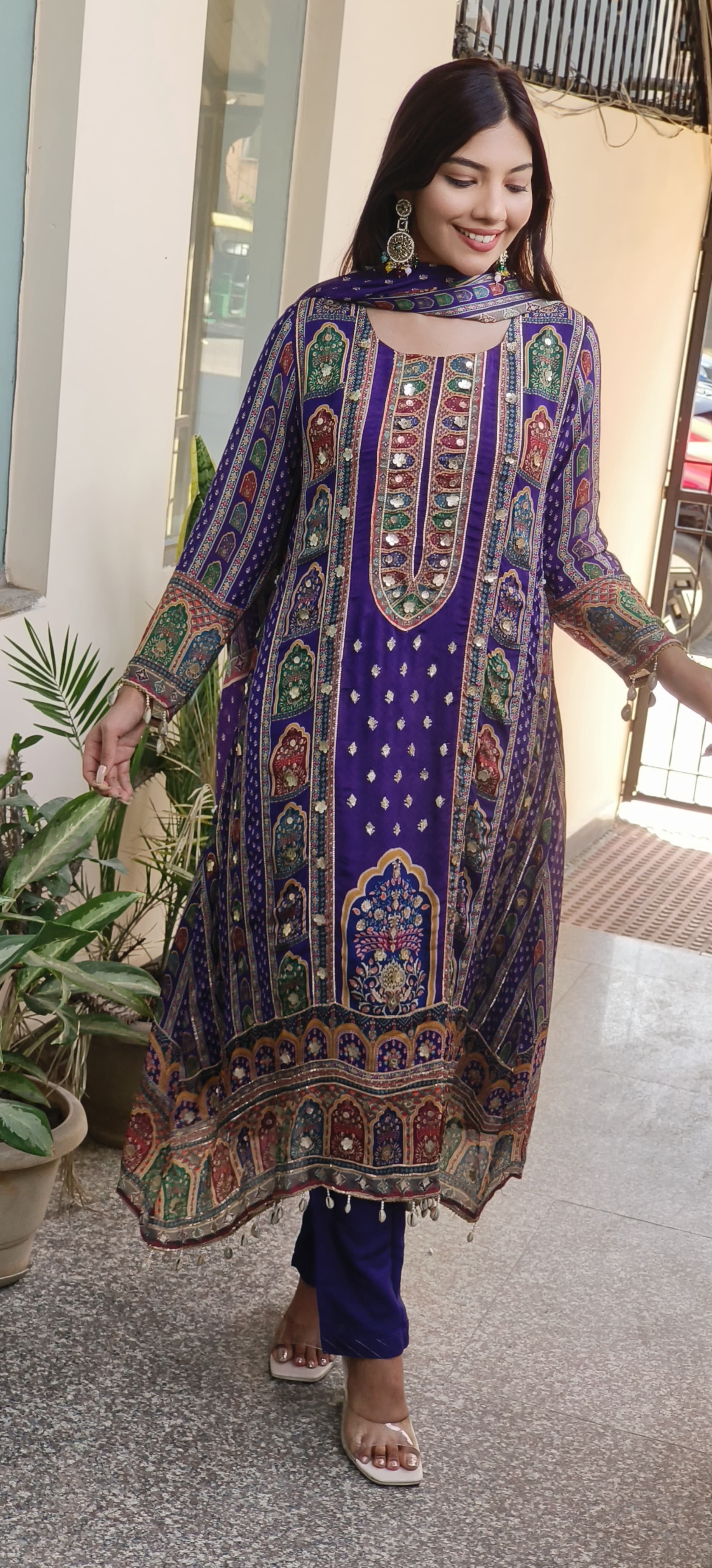 Graceful Purple High-Low Pure Chinon Pakistani Suit with Intricate Kodi & Gota Work