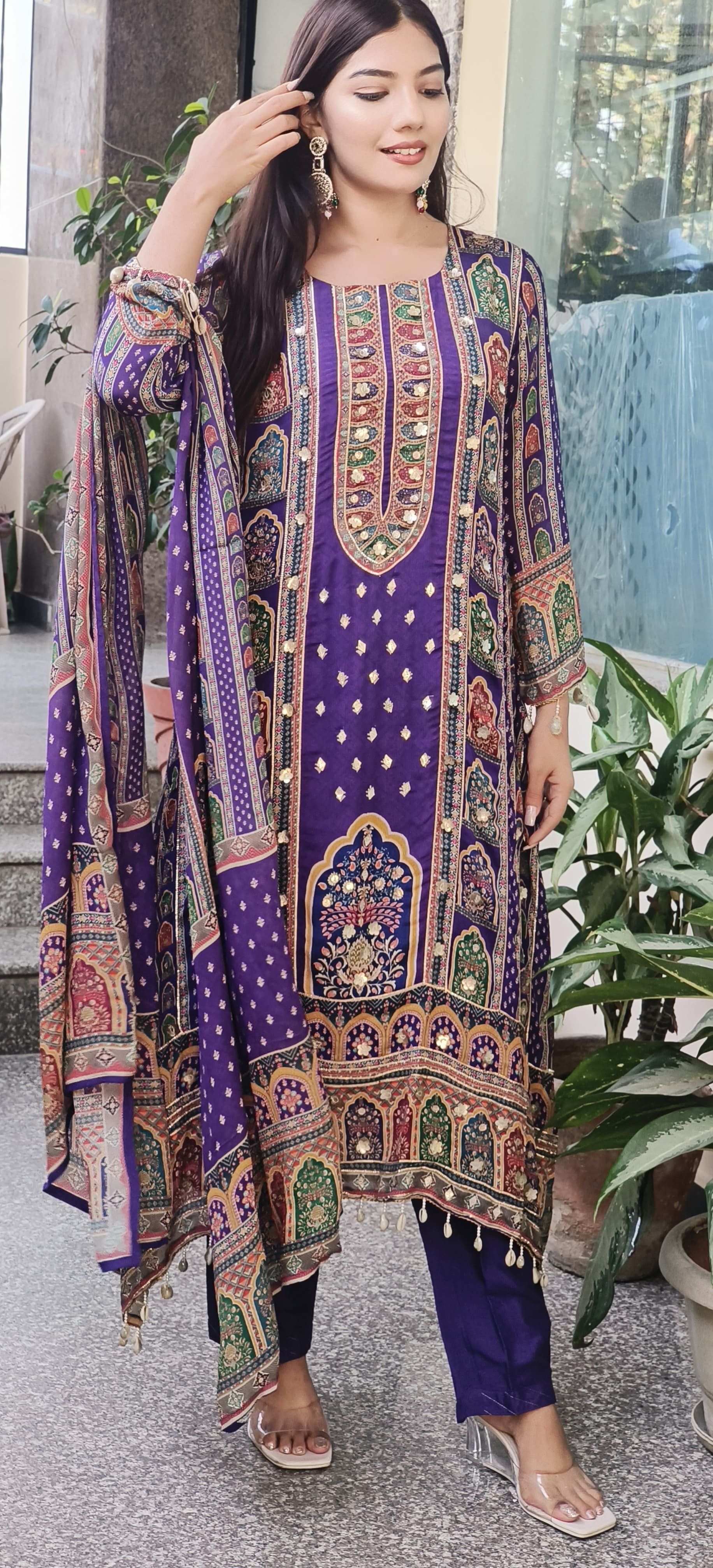 Graceful Purple High-Low Pure Chinon Pakistani Suit with Intricate Kodi & Gota Work