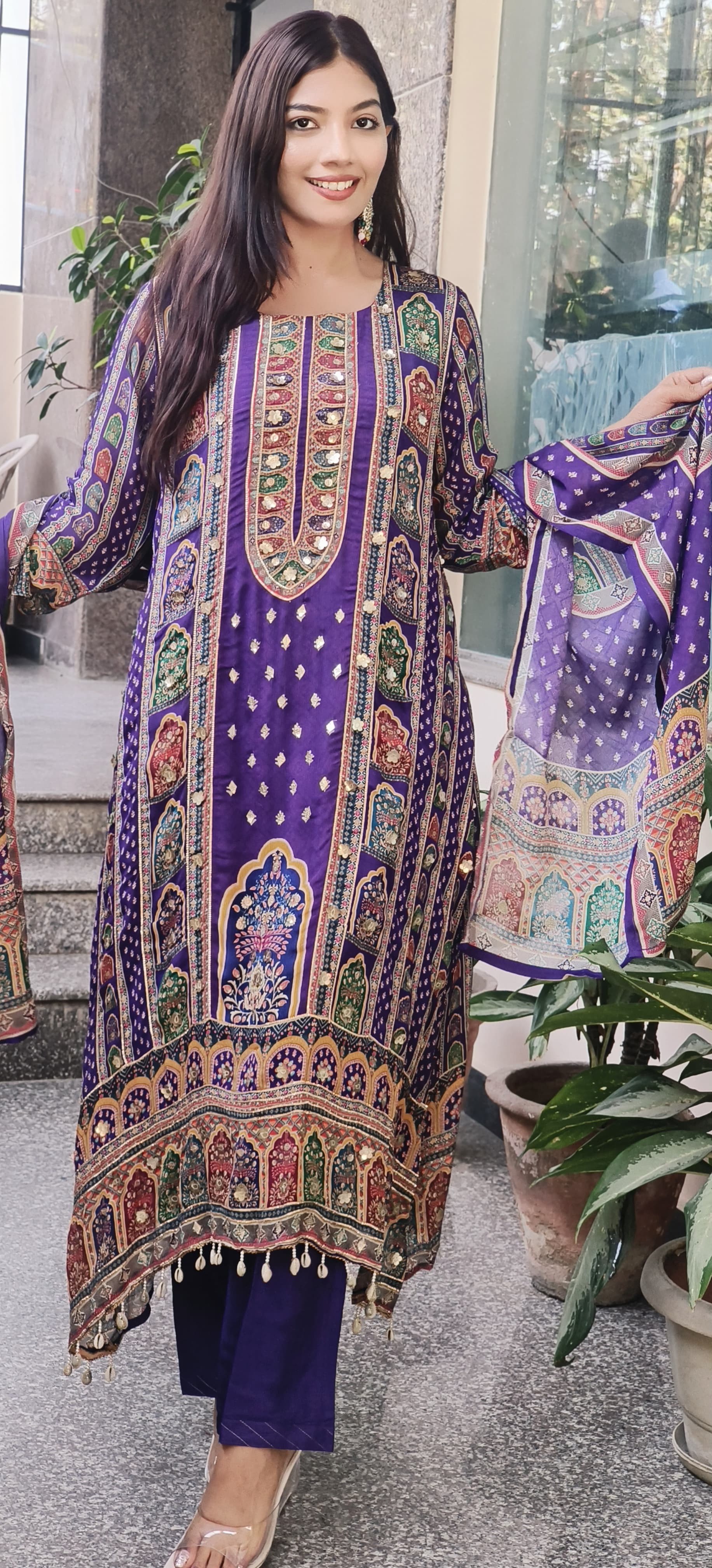 Graceful Purple High-Low Pure Chinon Pakistani Suit with Intricate Kodi & Gota Work