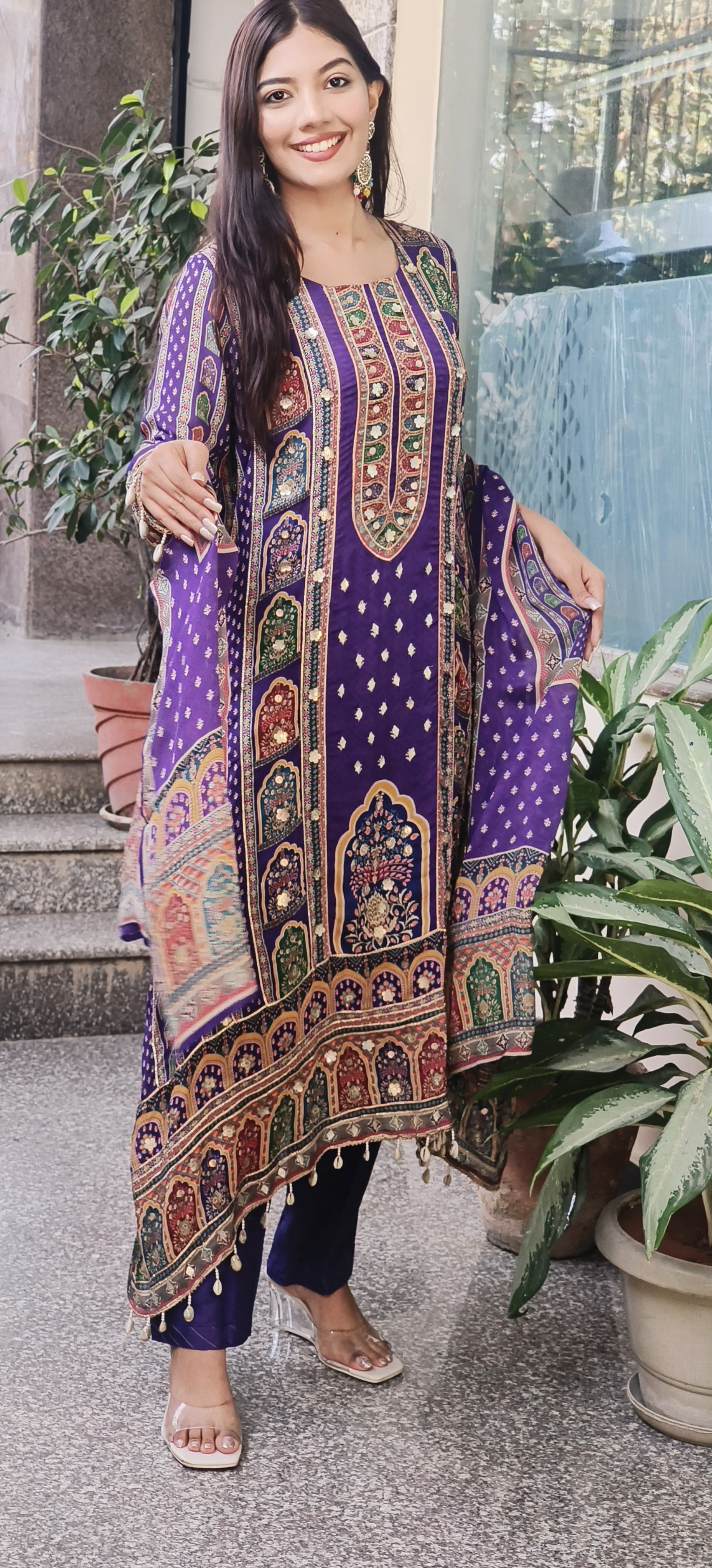 Graceful Purple High-Low Pure Chinon Pakistani Suit with Intricate Kodi & Gota Work