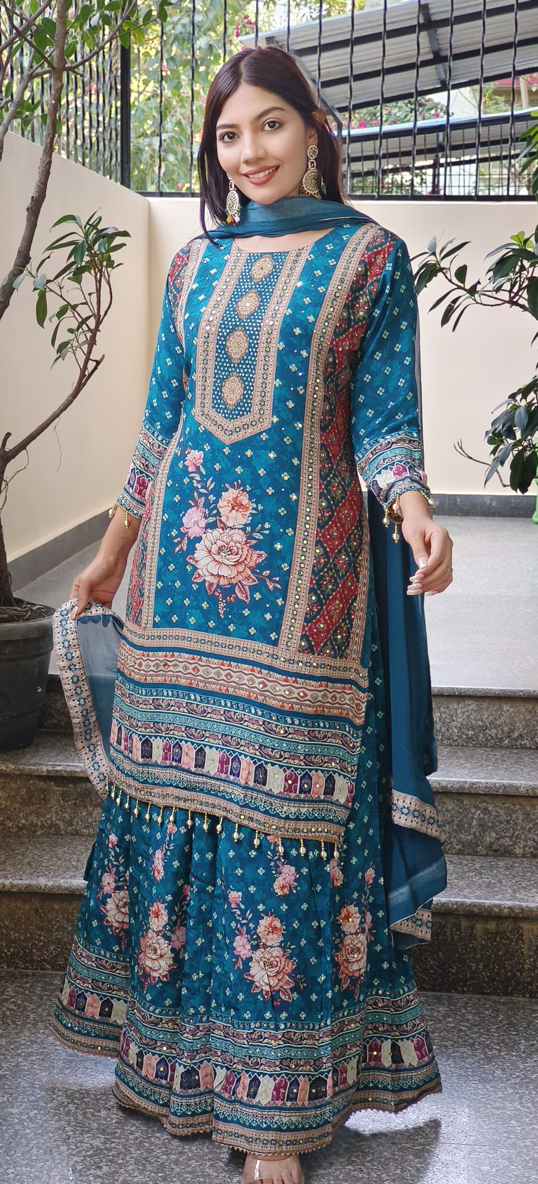 Elegant Digital Print Crepe Palazzo Set with Stone and Real Mirror Embroidery & Chinon Dupatta-08935