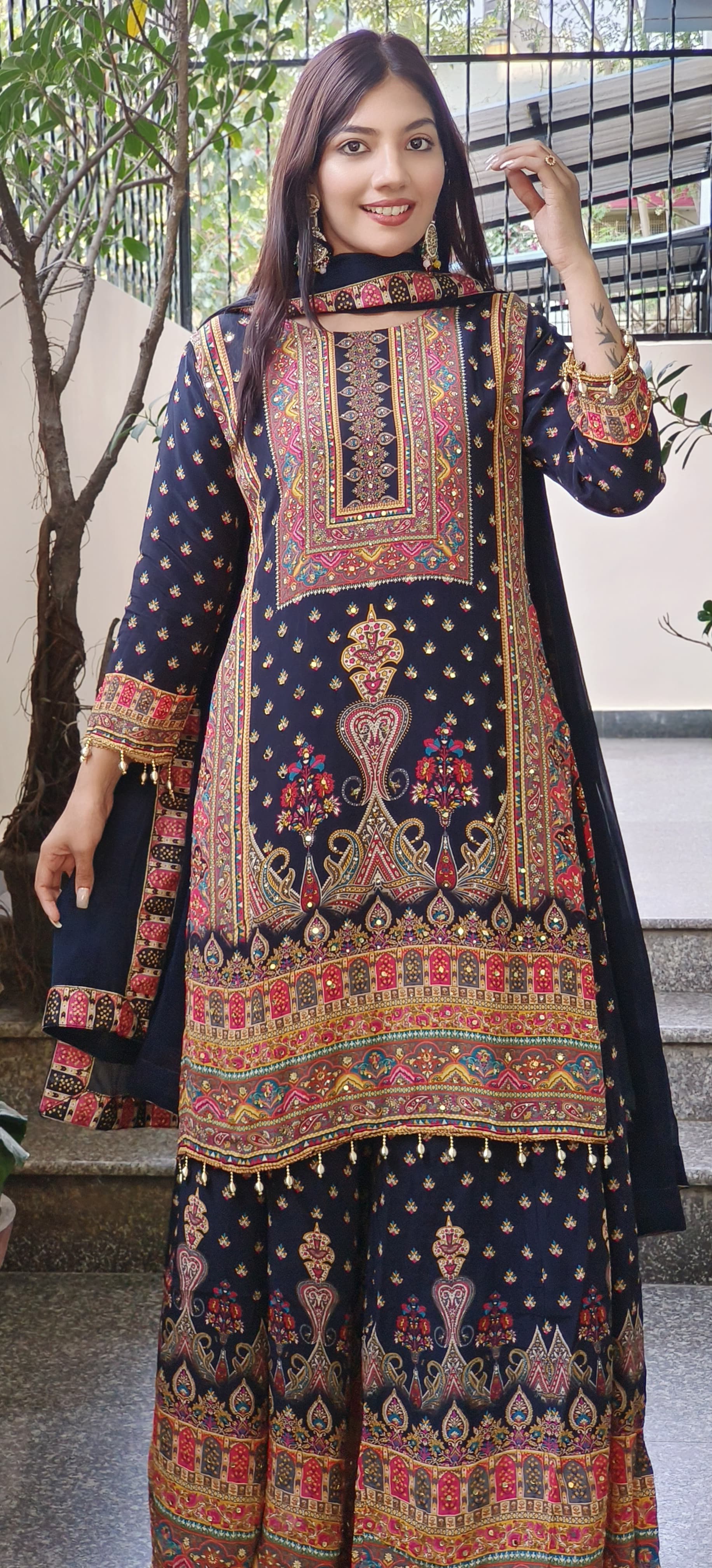 Digital Print Black Crepe Palazzo Set with Kurta and Real Mirror Work Dupatta