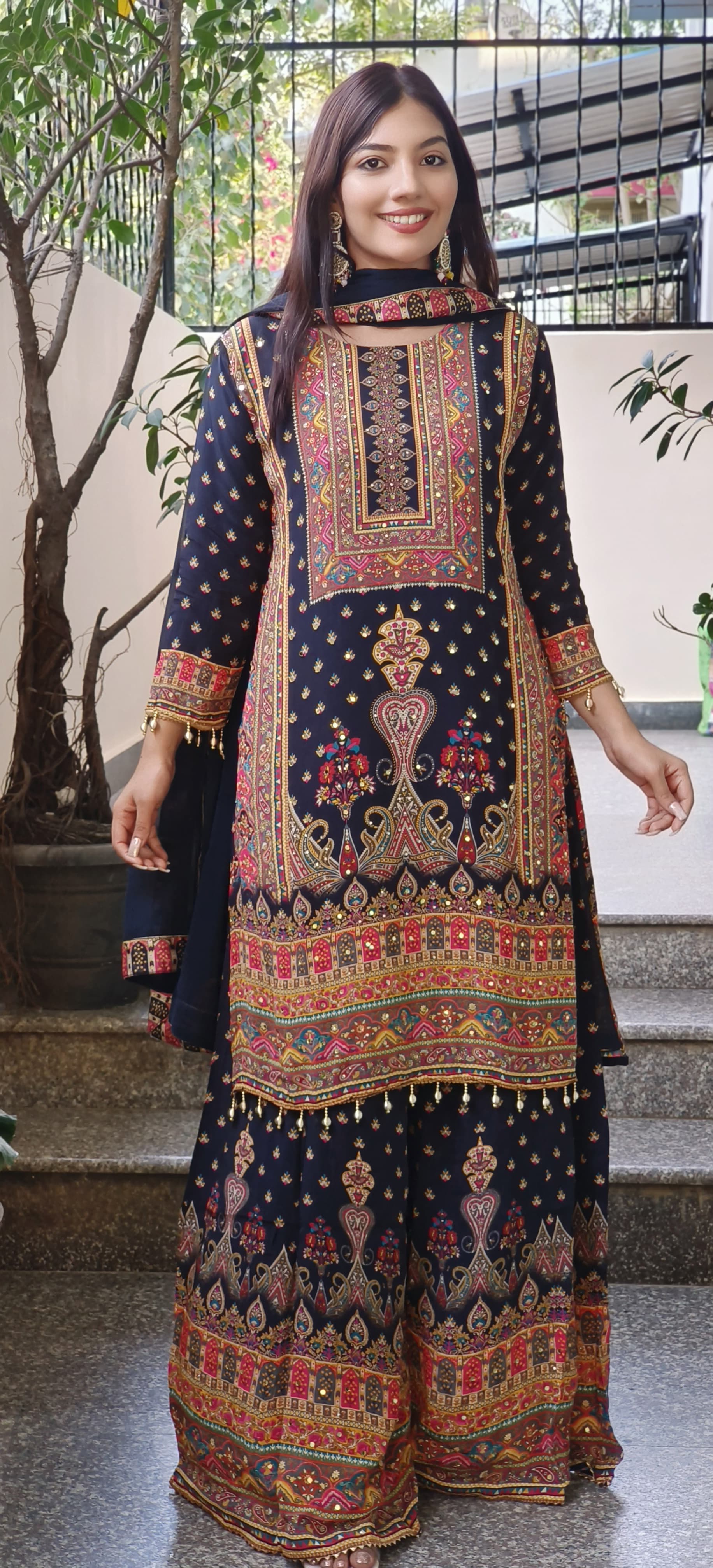 Digital Print Black Crepe Palazzo Set with Kurta and Real Mirror Work Dupatta