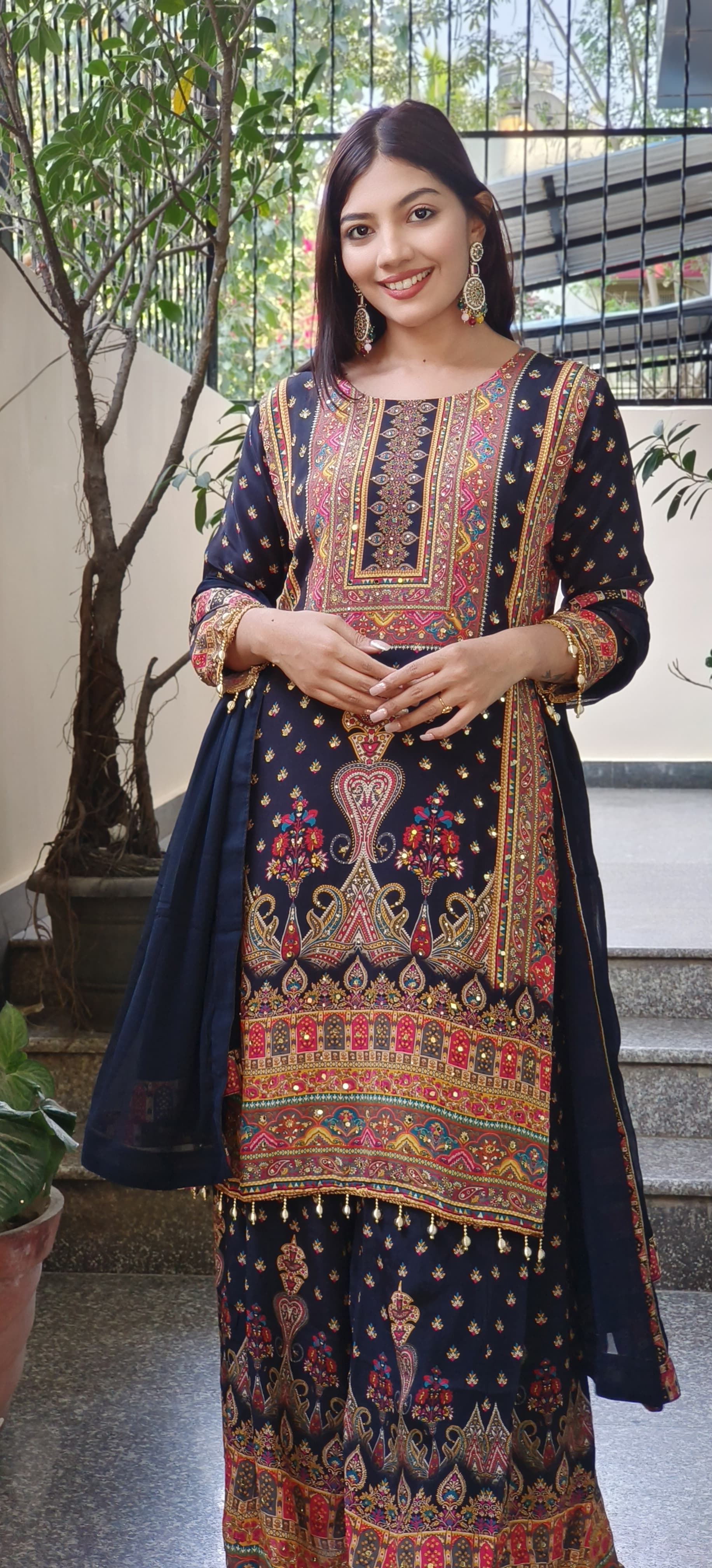 Digital Print Black Crepe Palazzo Set with Kurta and Real Mirror Work Dupatta