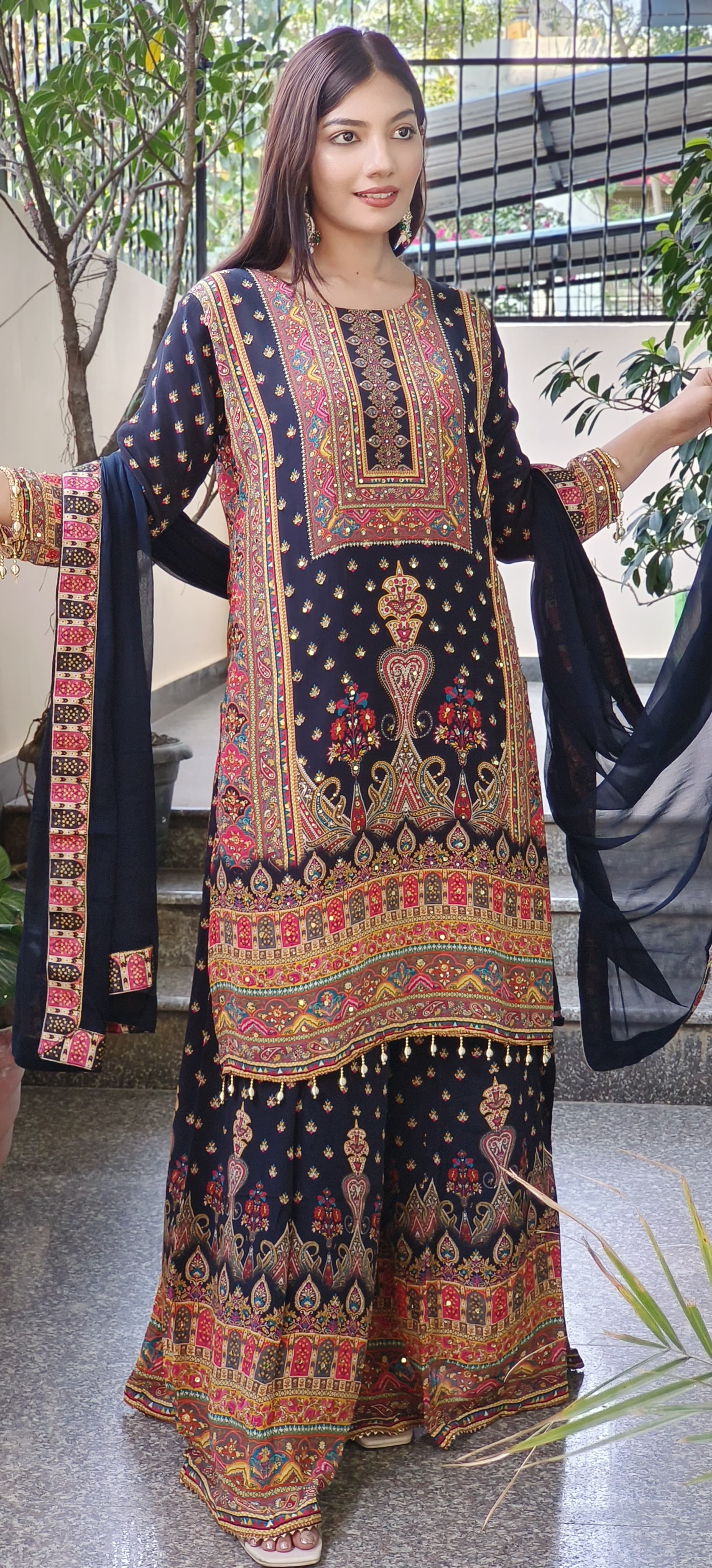 Digital Print Black Crepe Palazzo Set with Kurta and Real Mirror Work Dupatta