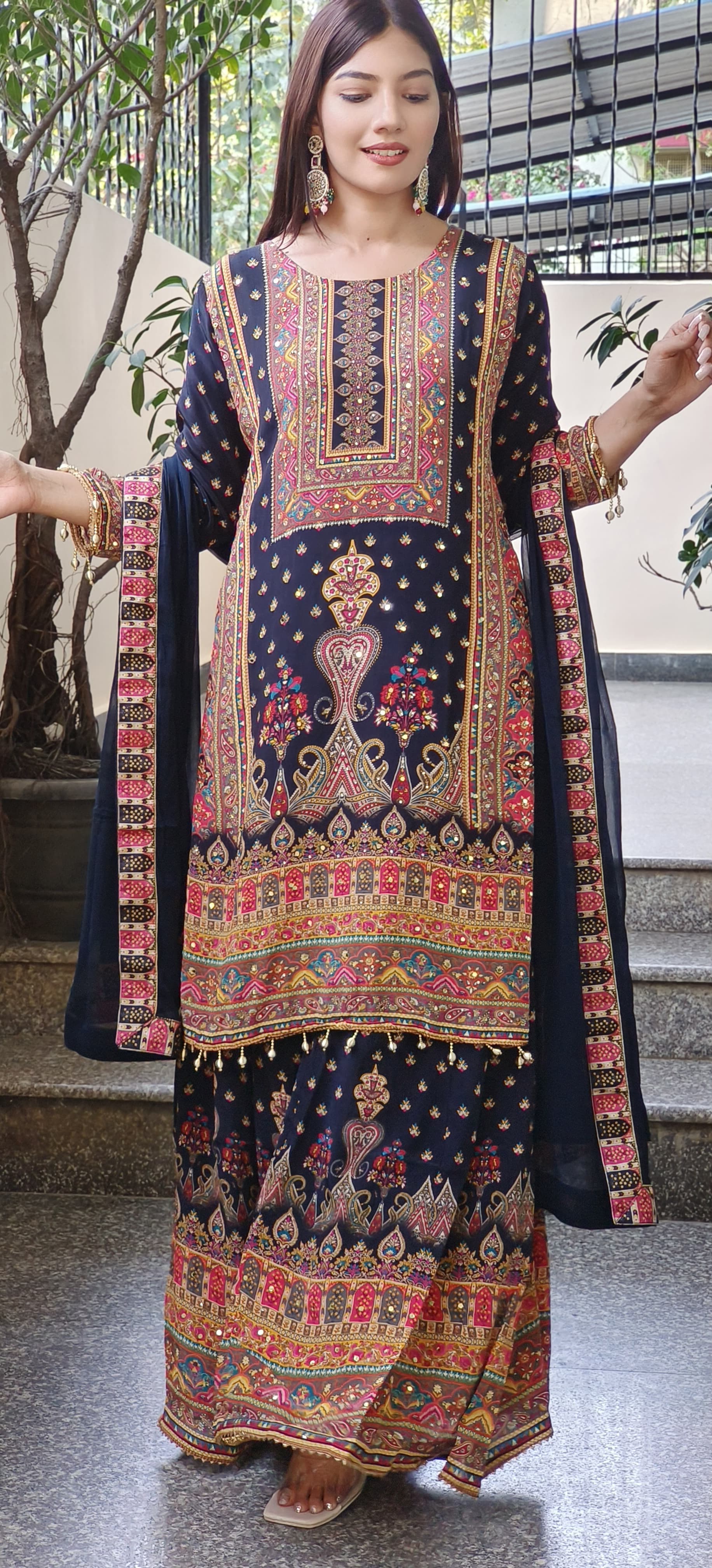 Digital Print Black Crepe Palazzo Set with Kurta and Real Mirror Work Dupatta
