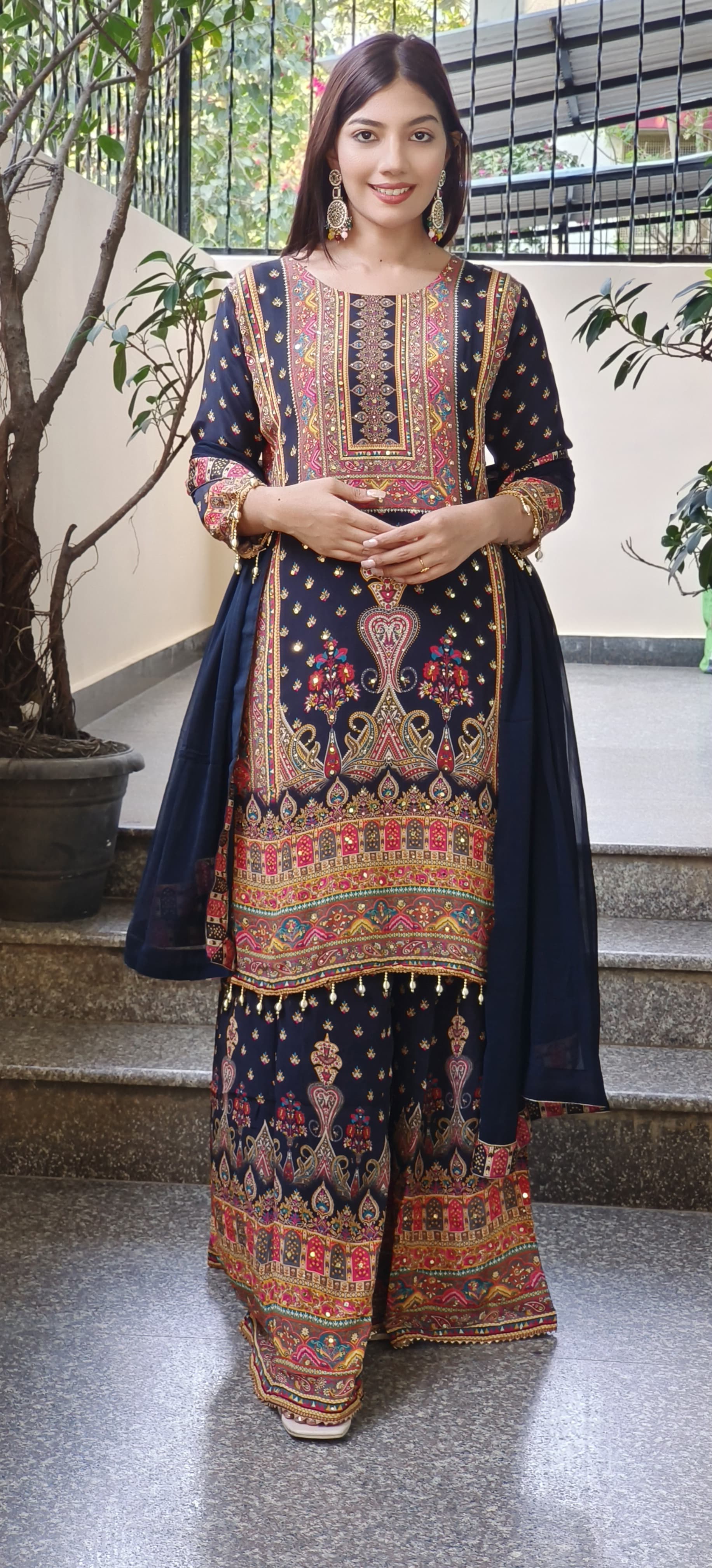 Digital Print Black Crepe Palazzo Set with Kurta and Real Mirror Work Dupatta