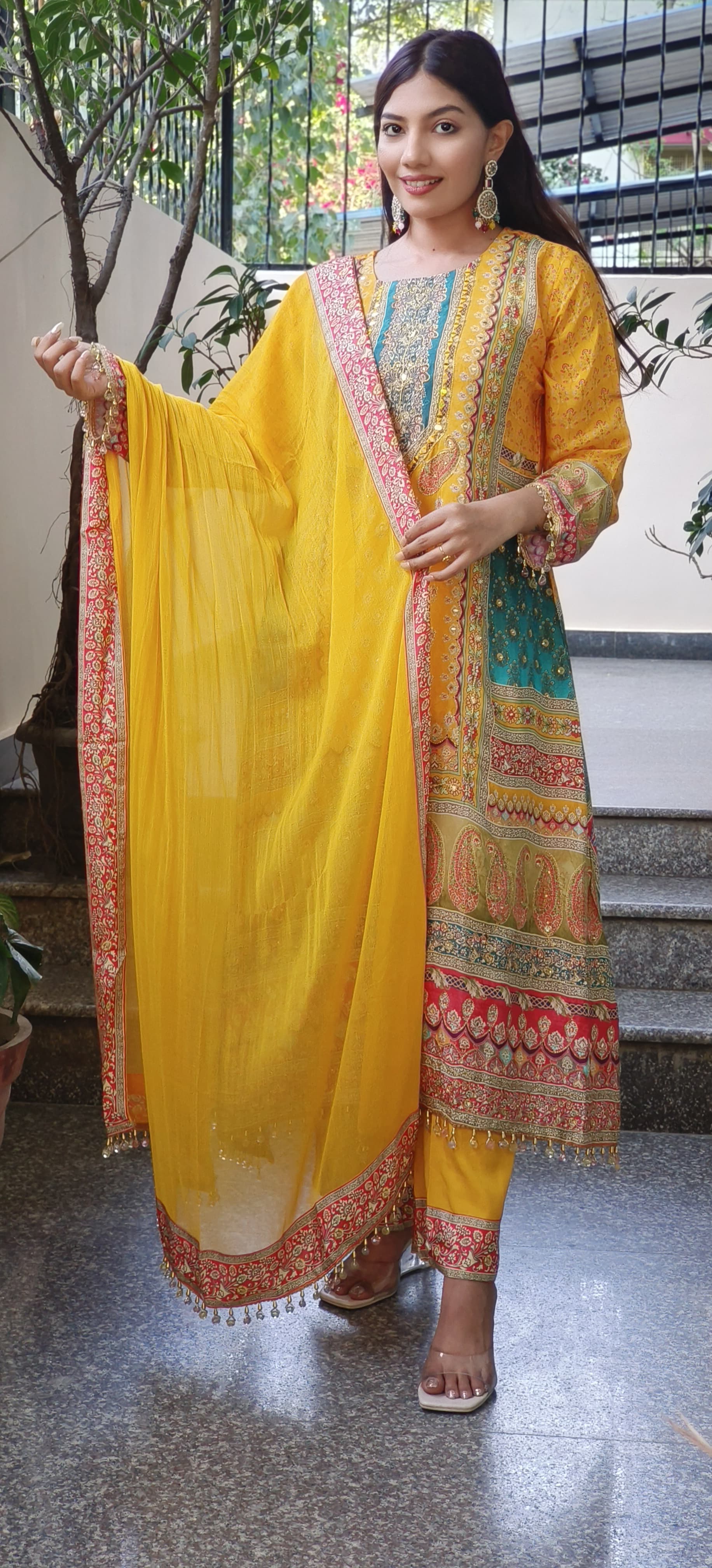 Yellow Crepe A-Line Pakistani Style Digital Print Embroidered Suit with Pants and Dupatta-08937