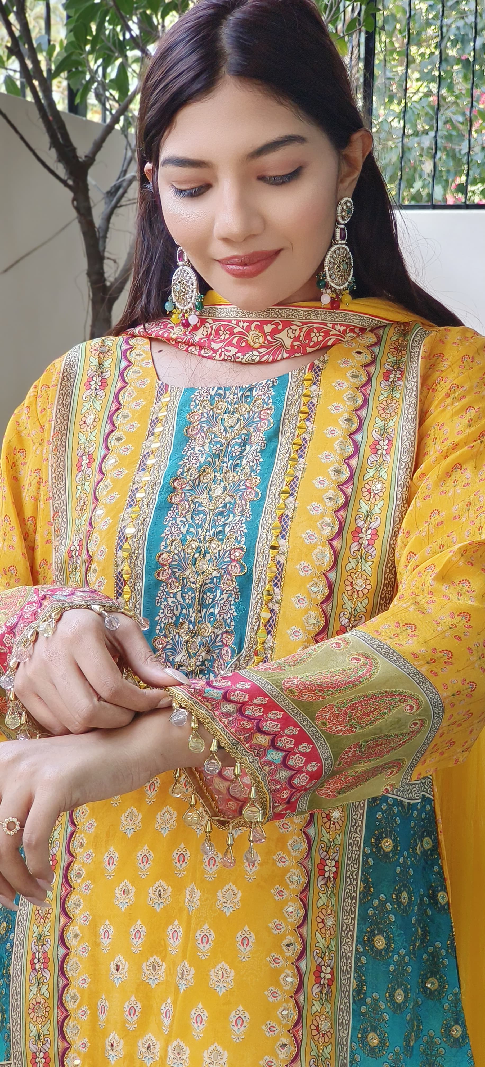 Yellow Crepe A-Line Pakistani Style Digital Print Embroidered Suit with Pants and Dupatta-08937