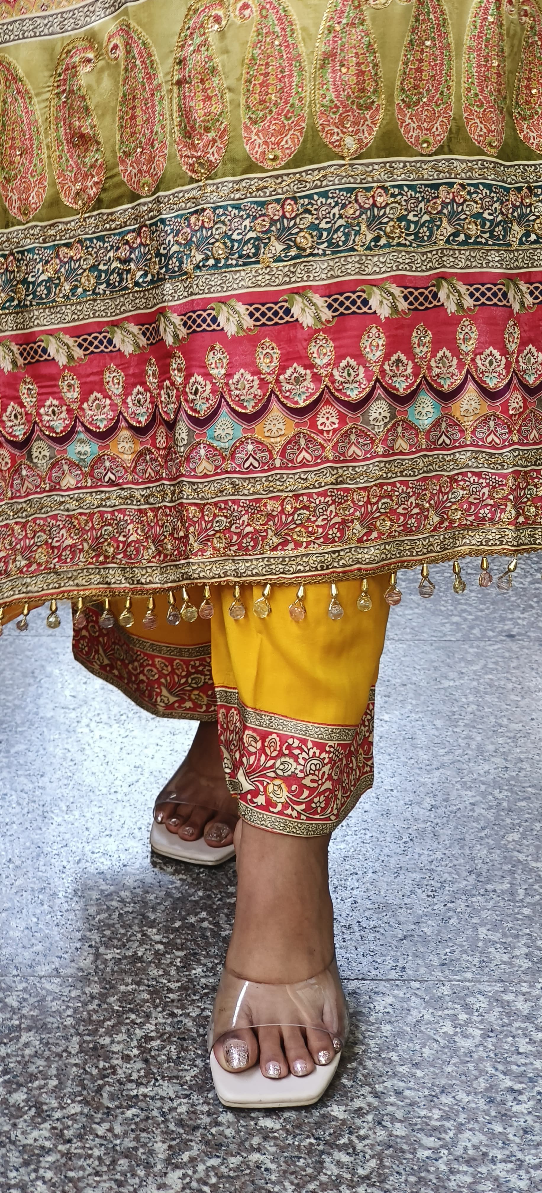 Yellow Crepe A-Line Pakistani Style Digital Print Embroidered Suit with Pants and Dupatta-08937