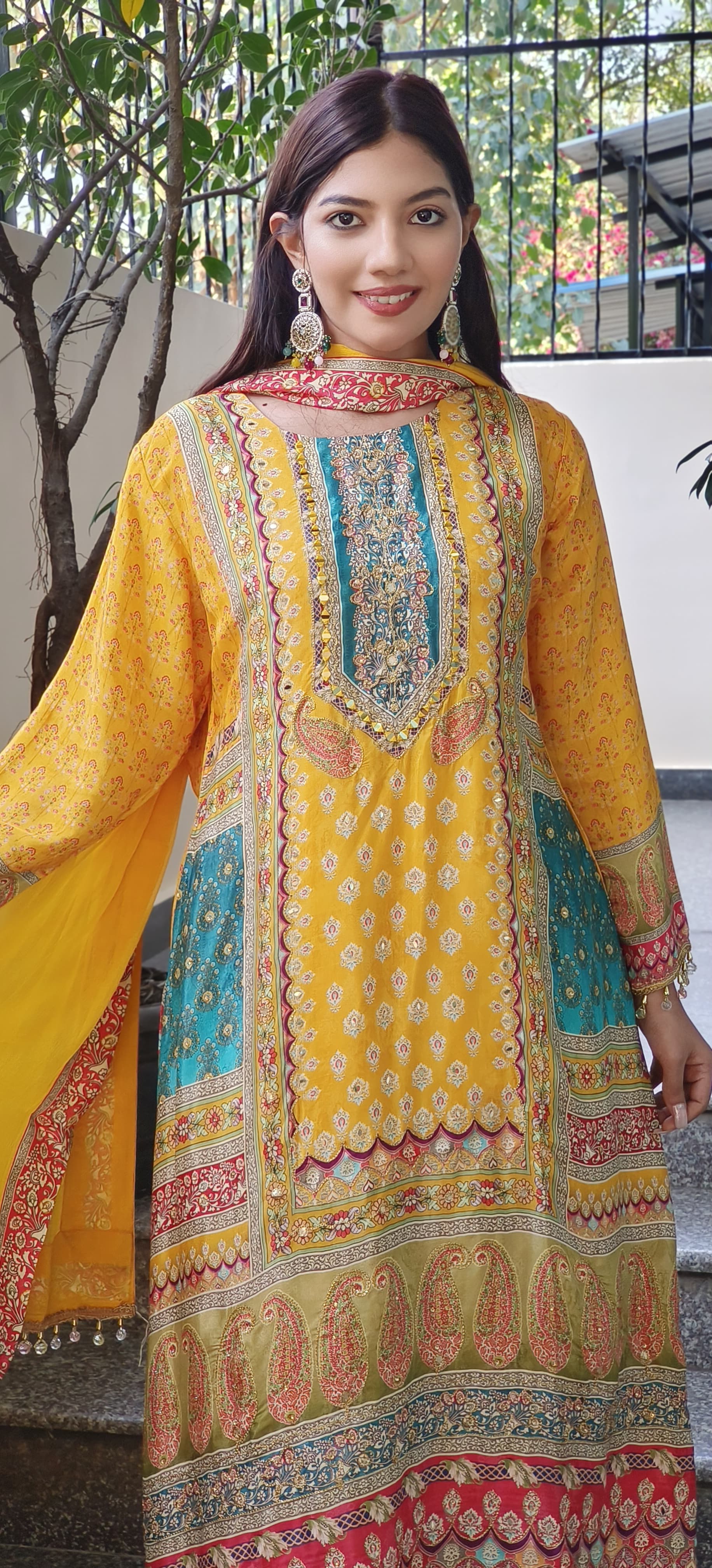 Yellow Crepe A-Line Pakistani Style Digital Print Embroidered Suit with Pants and Dupatta-08937