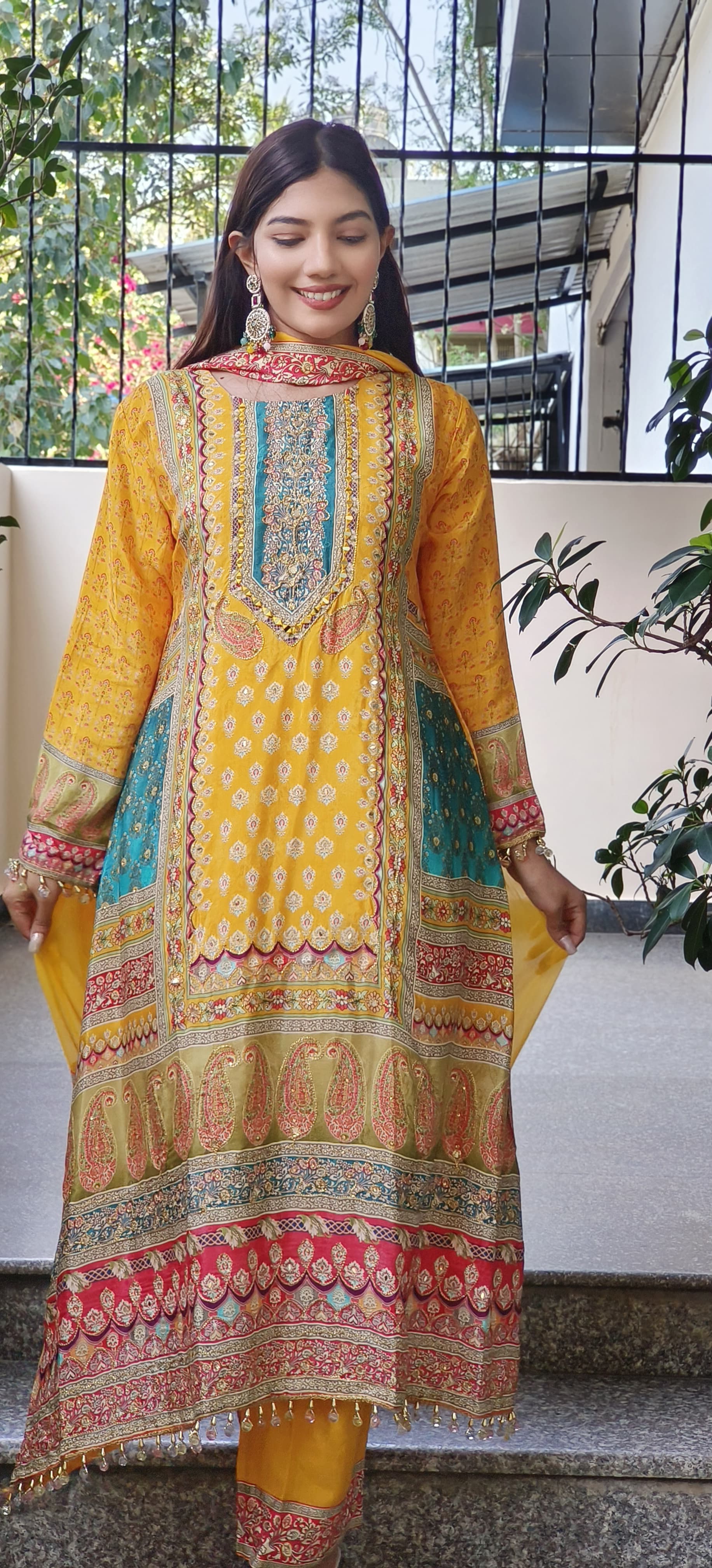 Yellow Crepe A-Line Pakistani Style Digital Print Embroidered Suit with Pants and Dupatta-08937