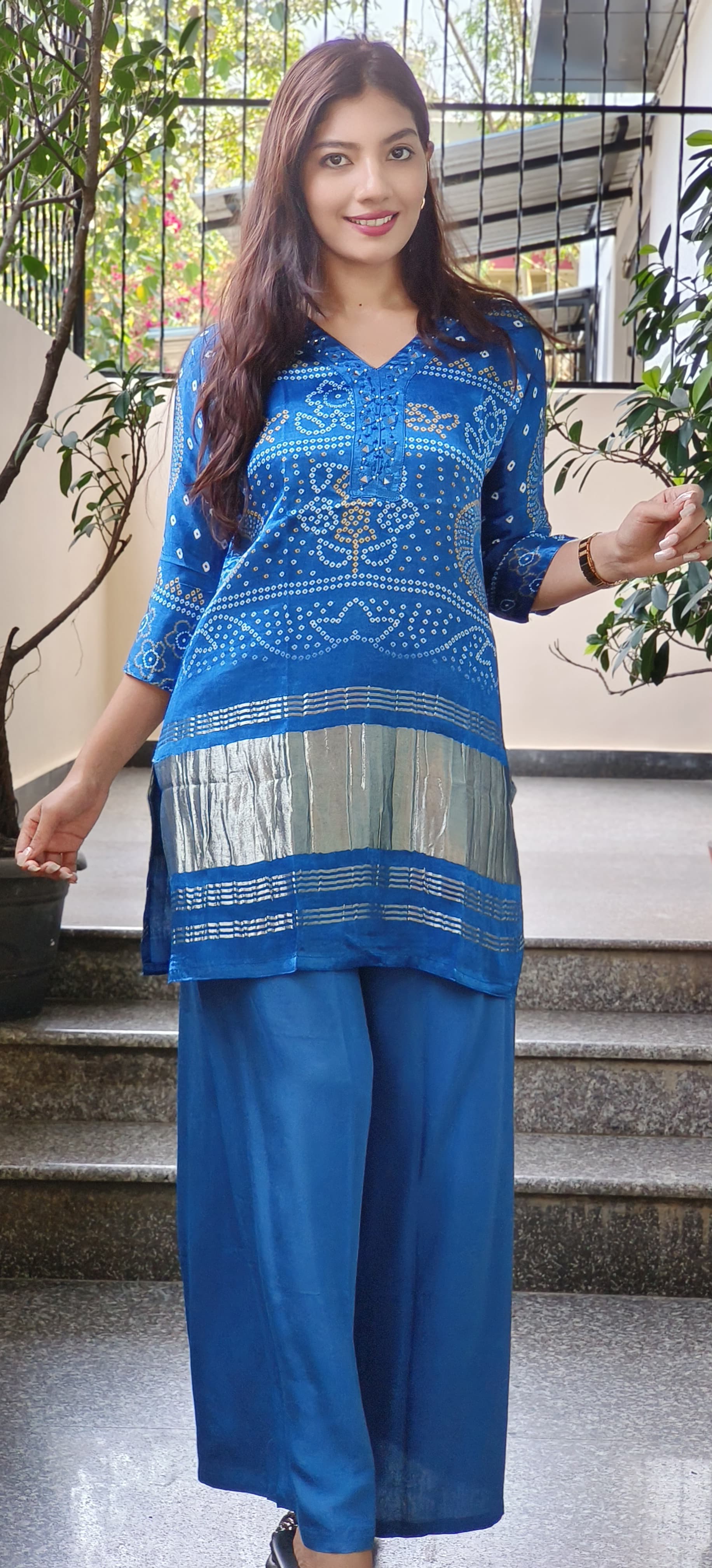Elegant Gajji Silk Bandhani Print Kurta Pant Set with real mirror Embroidery-08692