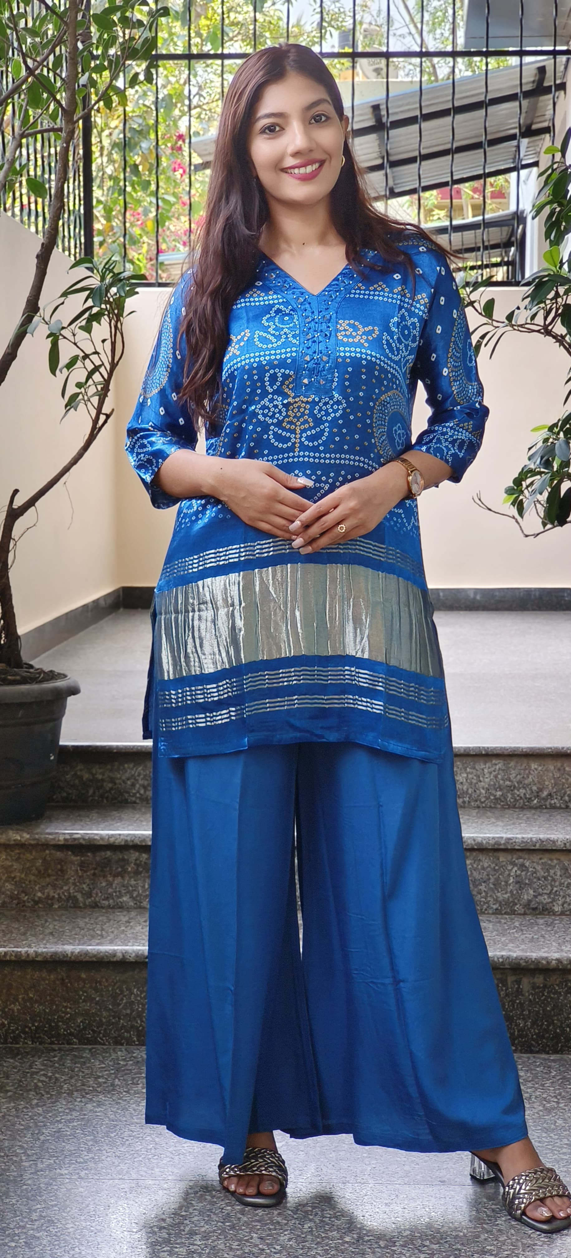 Elegant Gajji Silk Bandhani Print Kurta Pant Set with real mirror Embroidery-08692