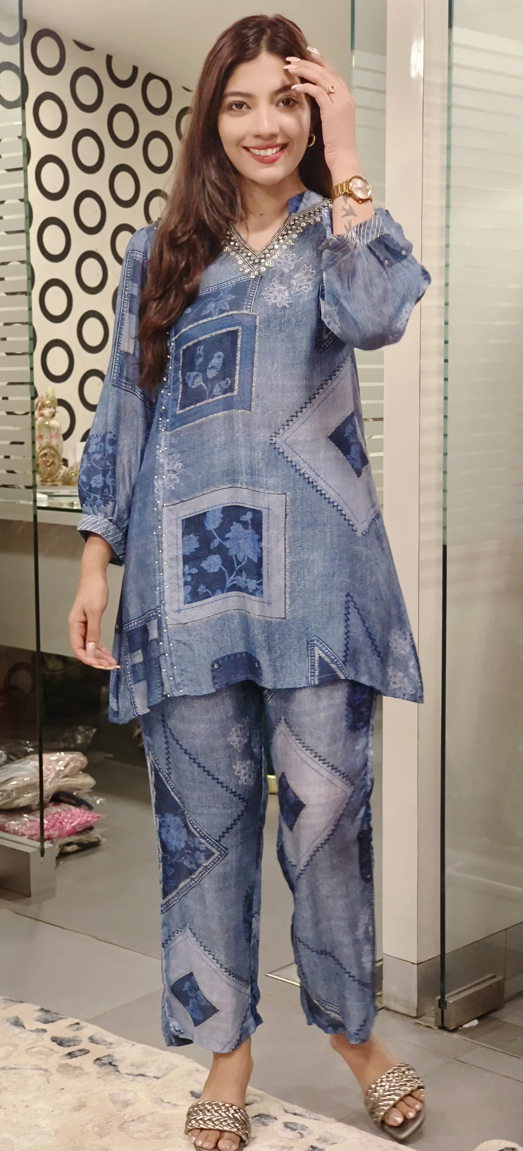 Denim Look Print Muslin Cord set with V-Neck Embroidery-07683-07688