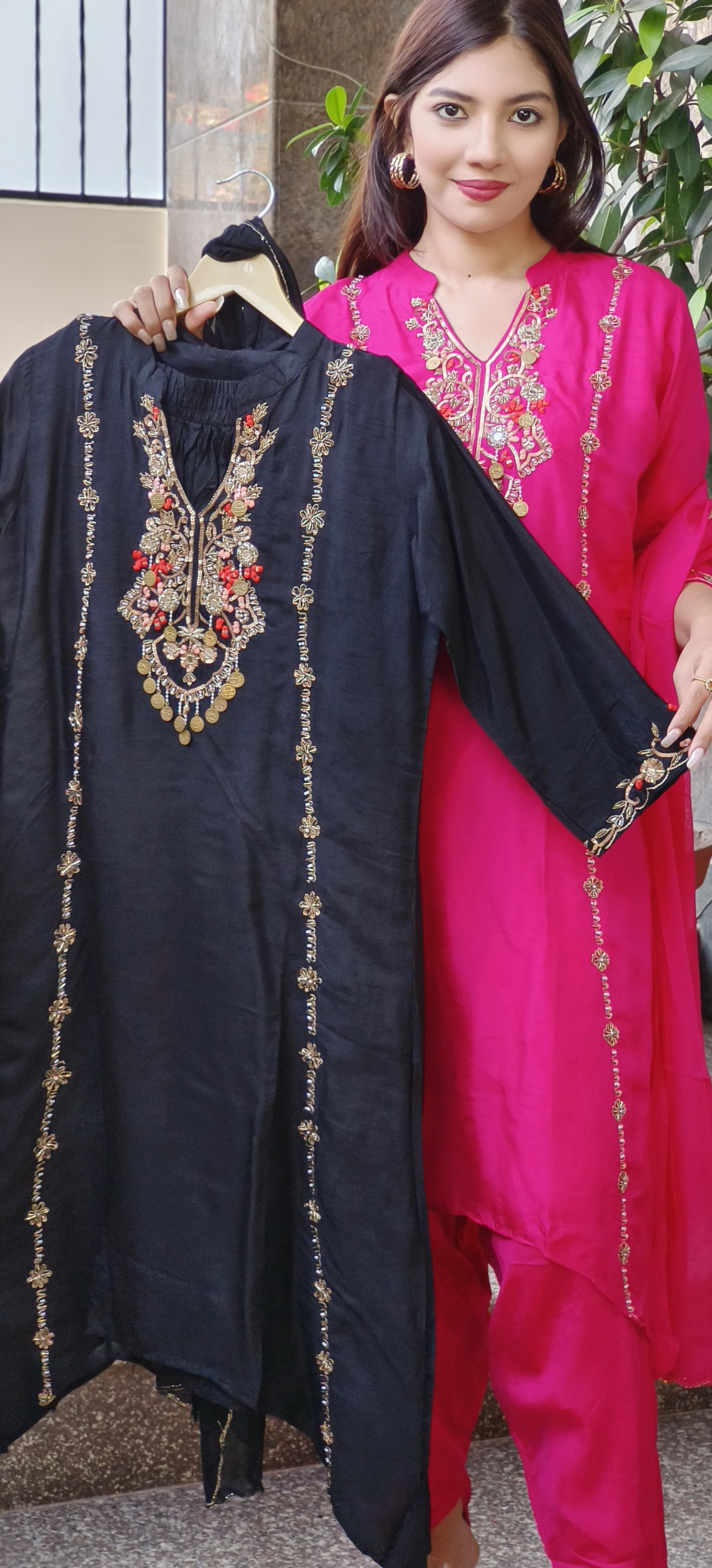 Elegant Dola Silk Hi-Low Suit Set with Intricate Embroidered Neck