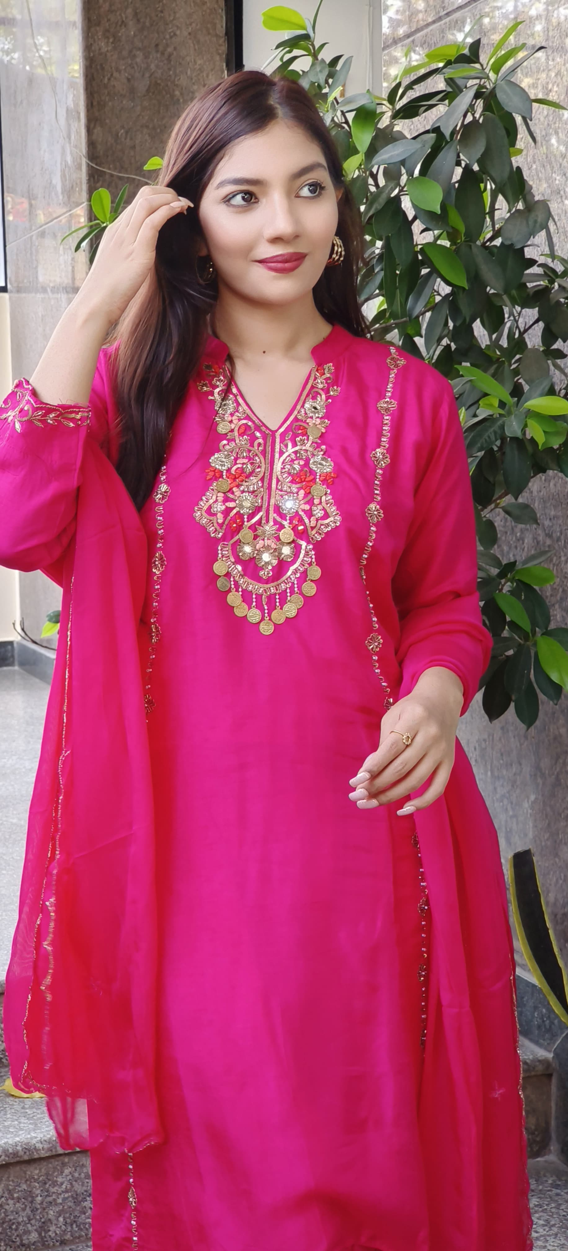 Elegant Dola Silk Hi-Low Suit Set with Intricate Embroidered Neck