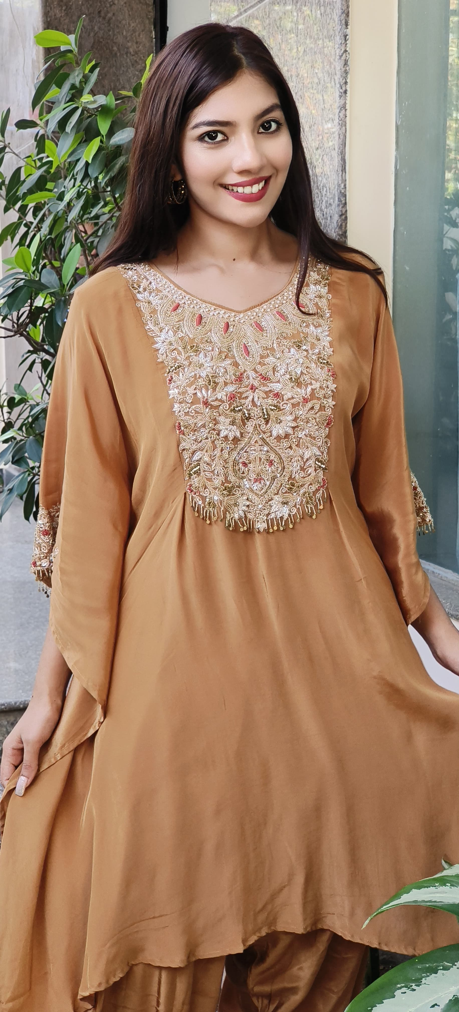 Elegant Zardozi Front Back Embroidered Crepe Kaftan with Tulip Bottom – A Perfect Fusion of Grace and Comfort-08983,08984,08985,08986