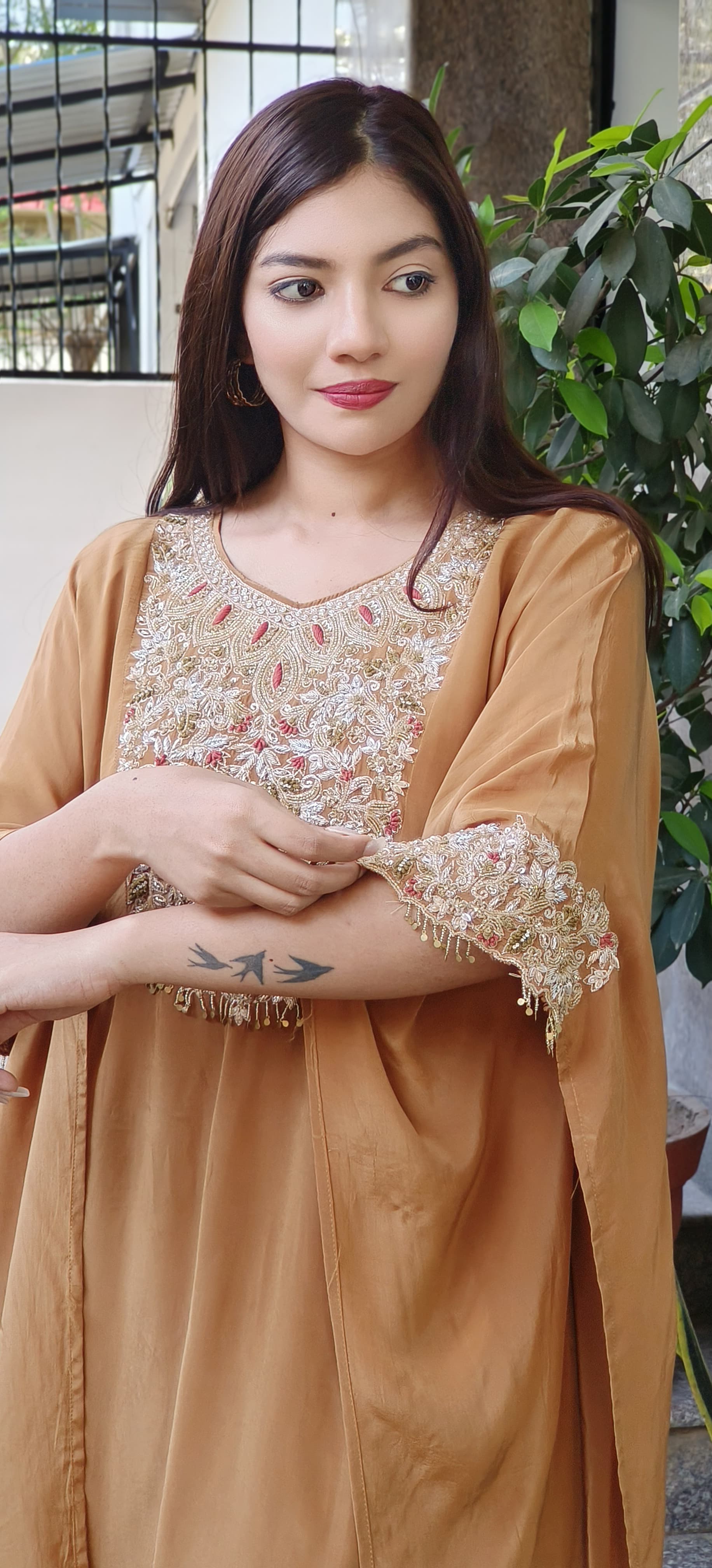 Elegant Zardozi Front Back Embroidered Crepe Kaftan with Tulip Bottom – A Perfect Fusion of Grace and Comfort-08983,08984,08985,08986