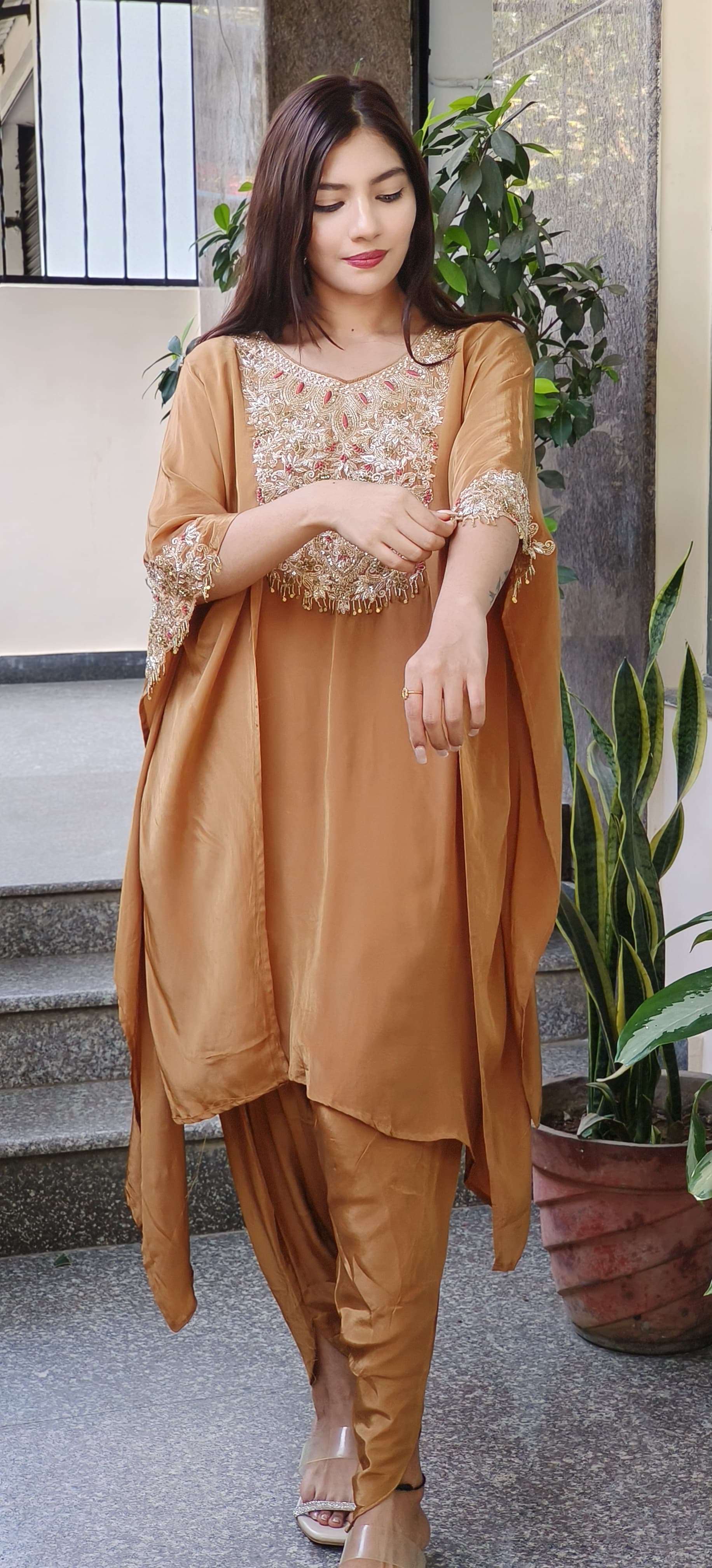 Elegant Zardozi Front Back Embroidered Crepe Kaftan with Tulip Bottom – A Perfect Fusion of Grace and Comfort-08983,08984,08985,08986