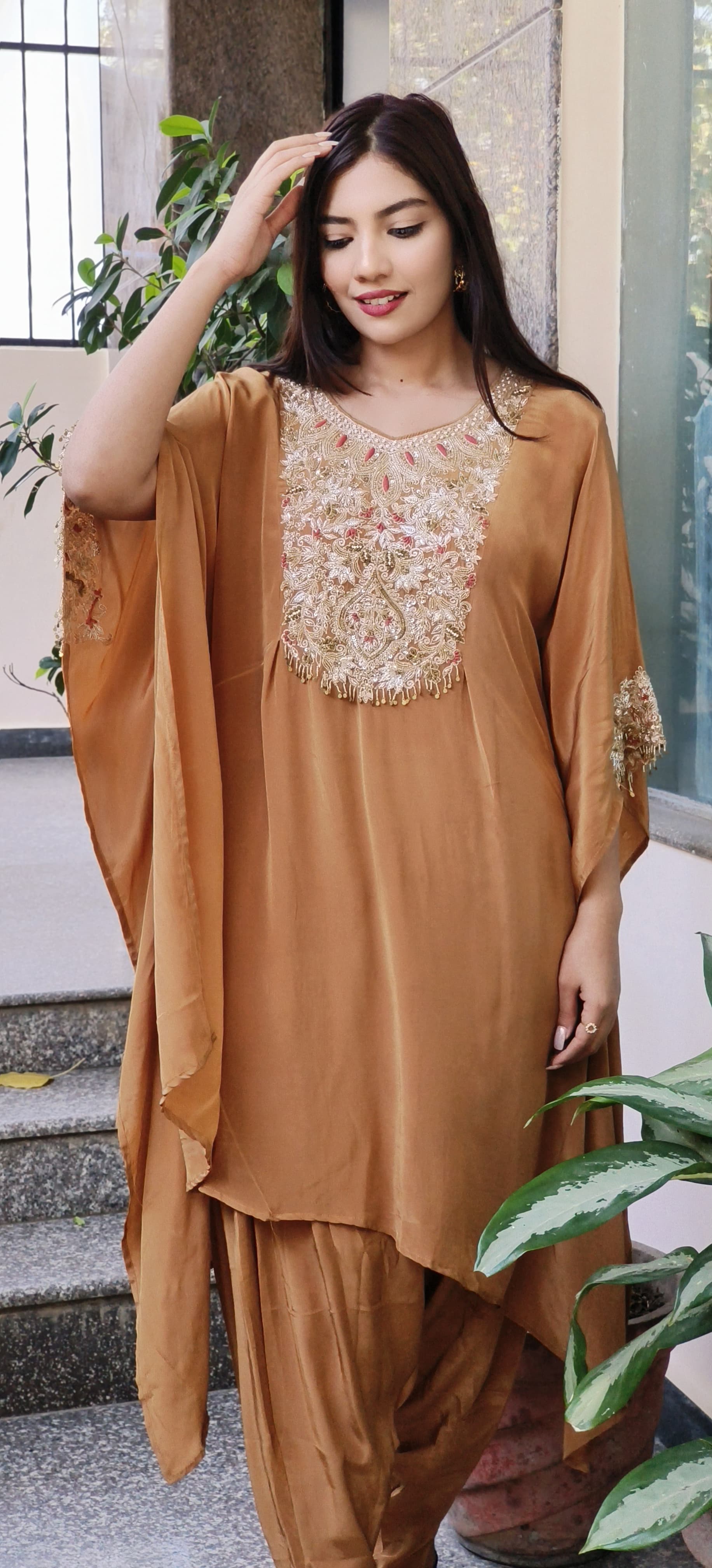 Elegant Zardozi Front Back Embroidered Crepe Kaftan with Tulip Bottom – A Perfect Fusion of Grace and Comfort-08983,08984,08985,08986