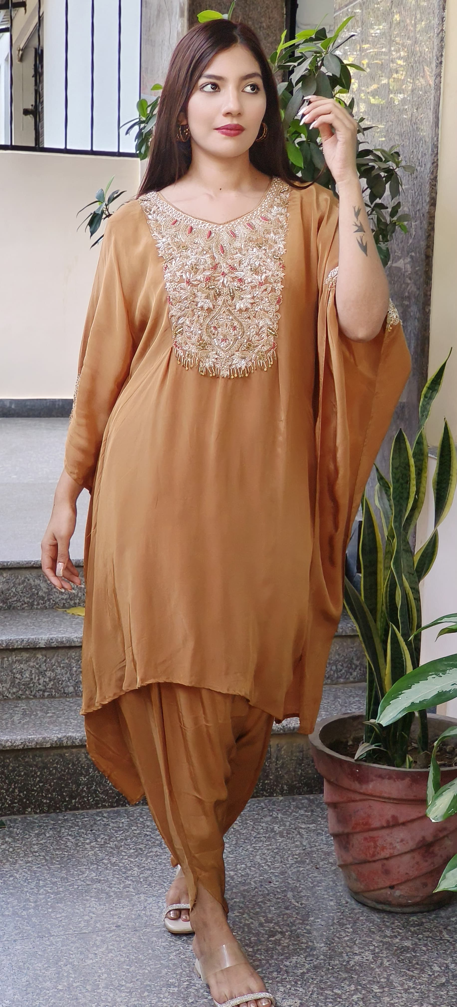 Elegant Zardozi Front Back Embroidered Crepe Kaftan with Tulip Bottom – A Perfect Fusion of Grace and Comfort-08983,08984,08985,08986