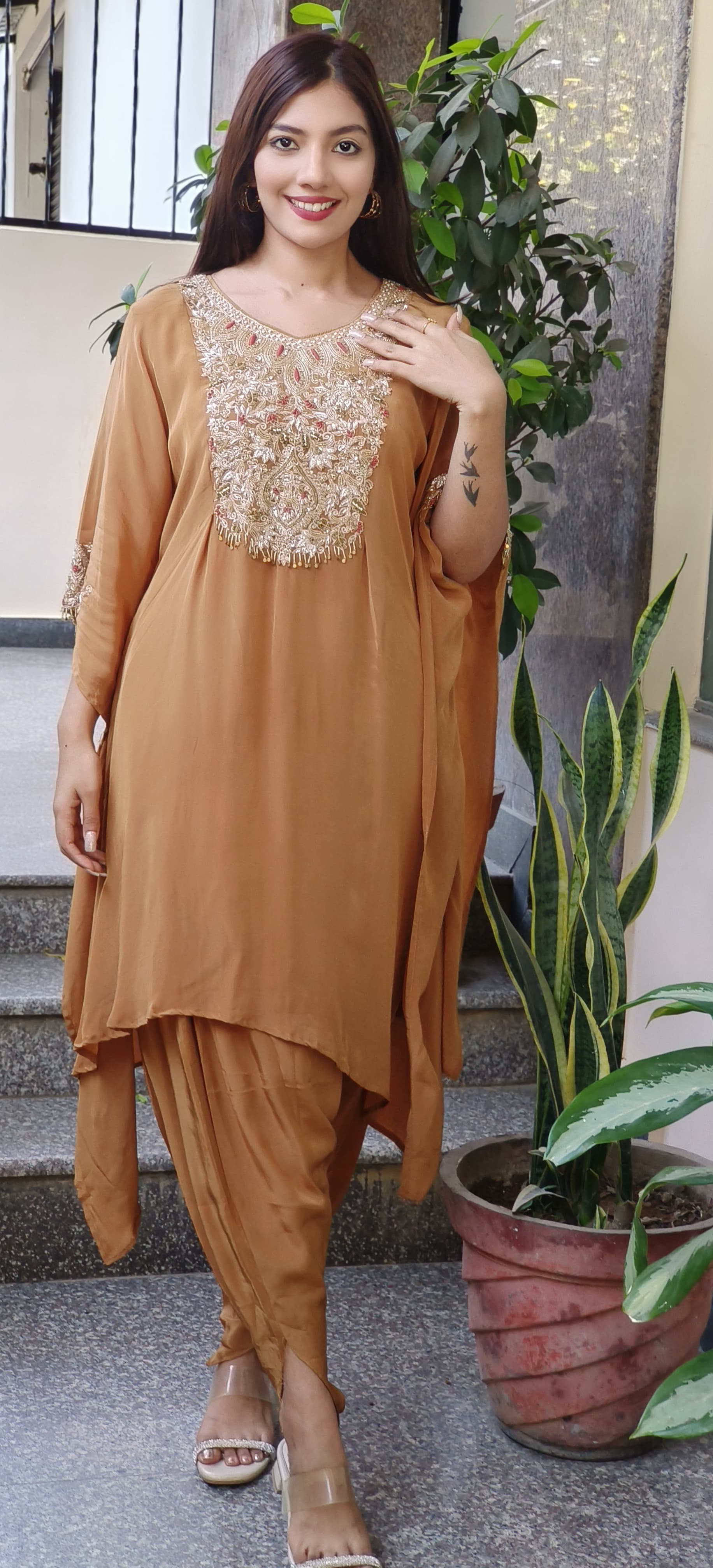 Elegant Zardozi Front Back Embroidered Crepe Kaftan with Tulip Bottom – A Perfect Fusion of Grace and Comfort-08983,08984,08985,08986