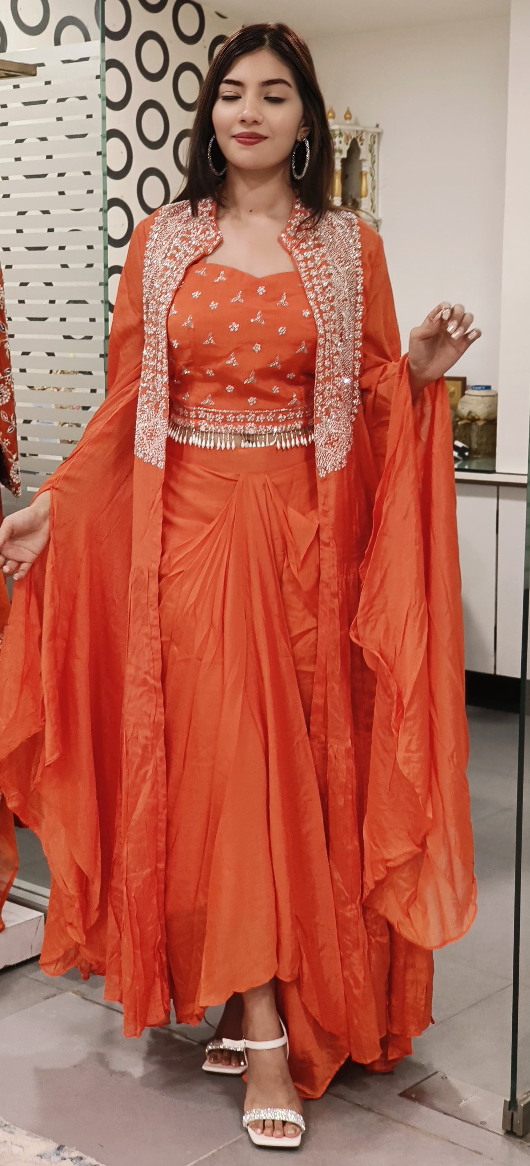 Designer Chinon Cut dana Embroidered Indowestern Crop top with Skirt And Shrug-09013,09014,09015