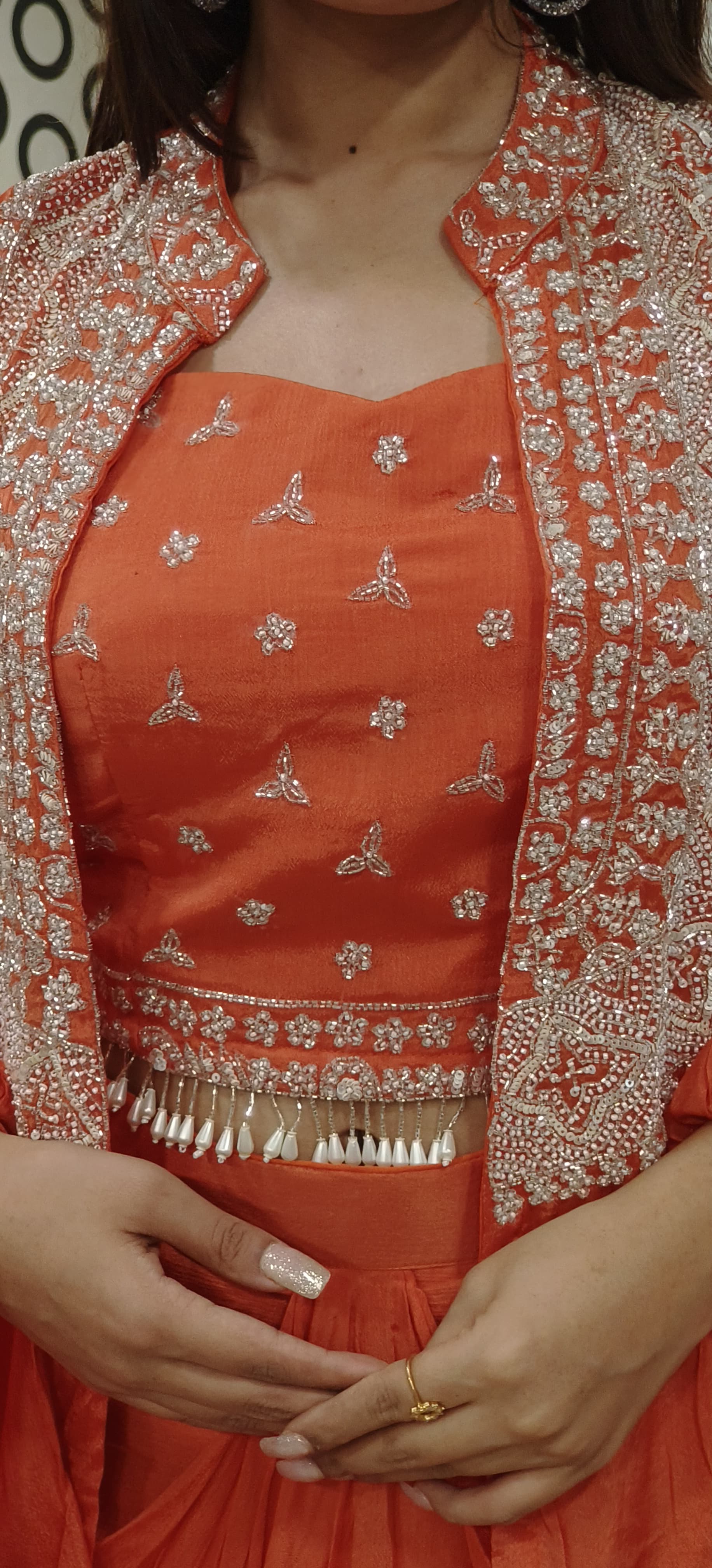 Designer Chinon Cut dana Embroidered Indowestern Crop top with Skirt And Shrug-09013,09014,09015