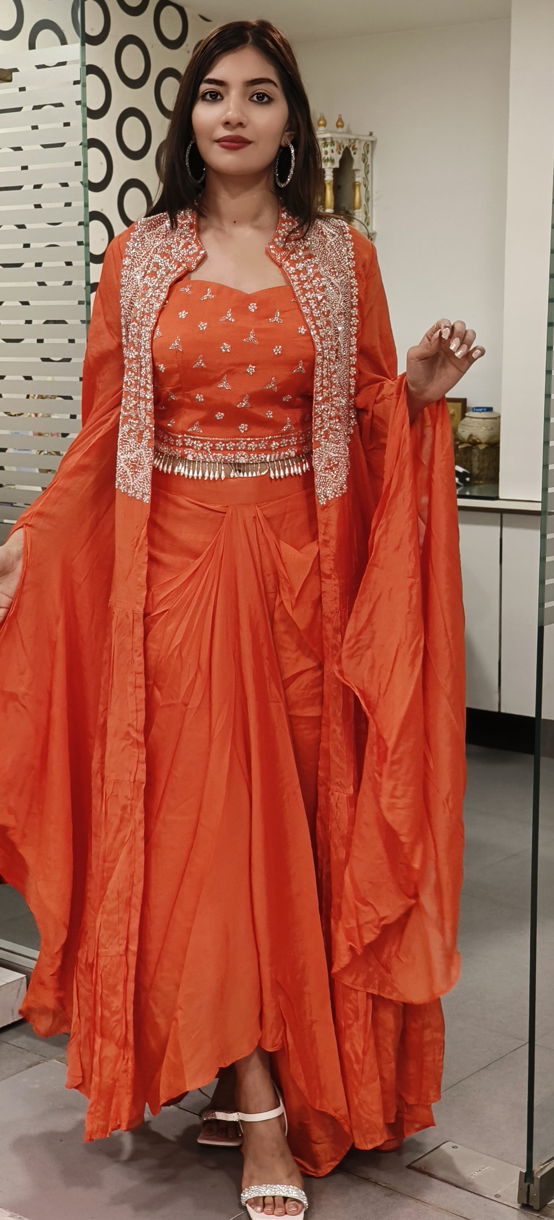 Designer Chinon Cut dana Embroidered Indowestern Crop top with Skirt And Shrug-09013,09014,09015