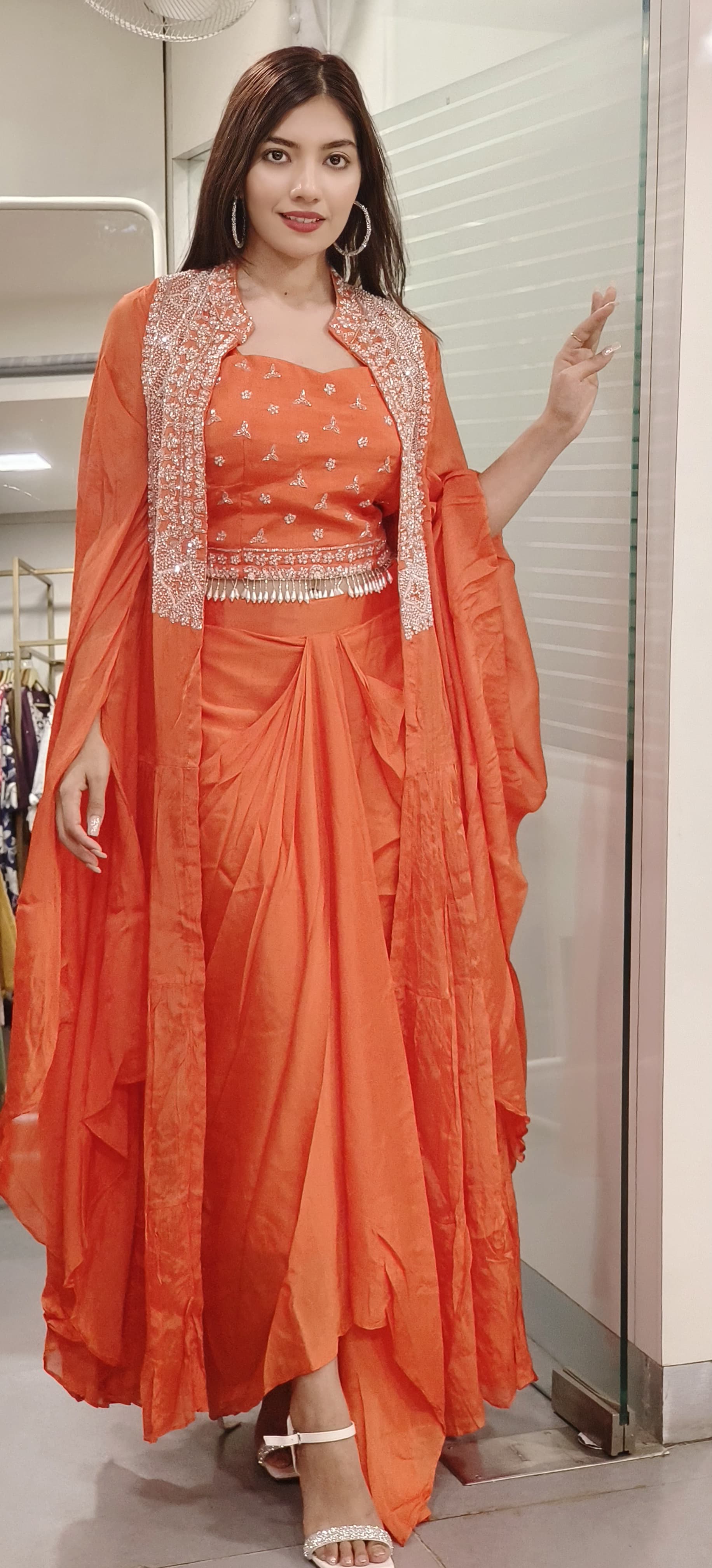 Designer Chinon Cut dana Embroidered Indowestern Crop top with Skirt And Shrug-09013,09014,09015