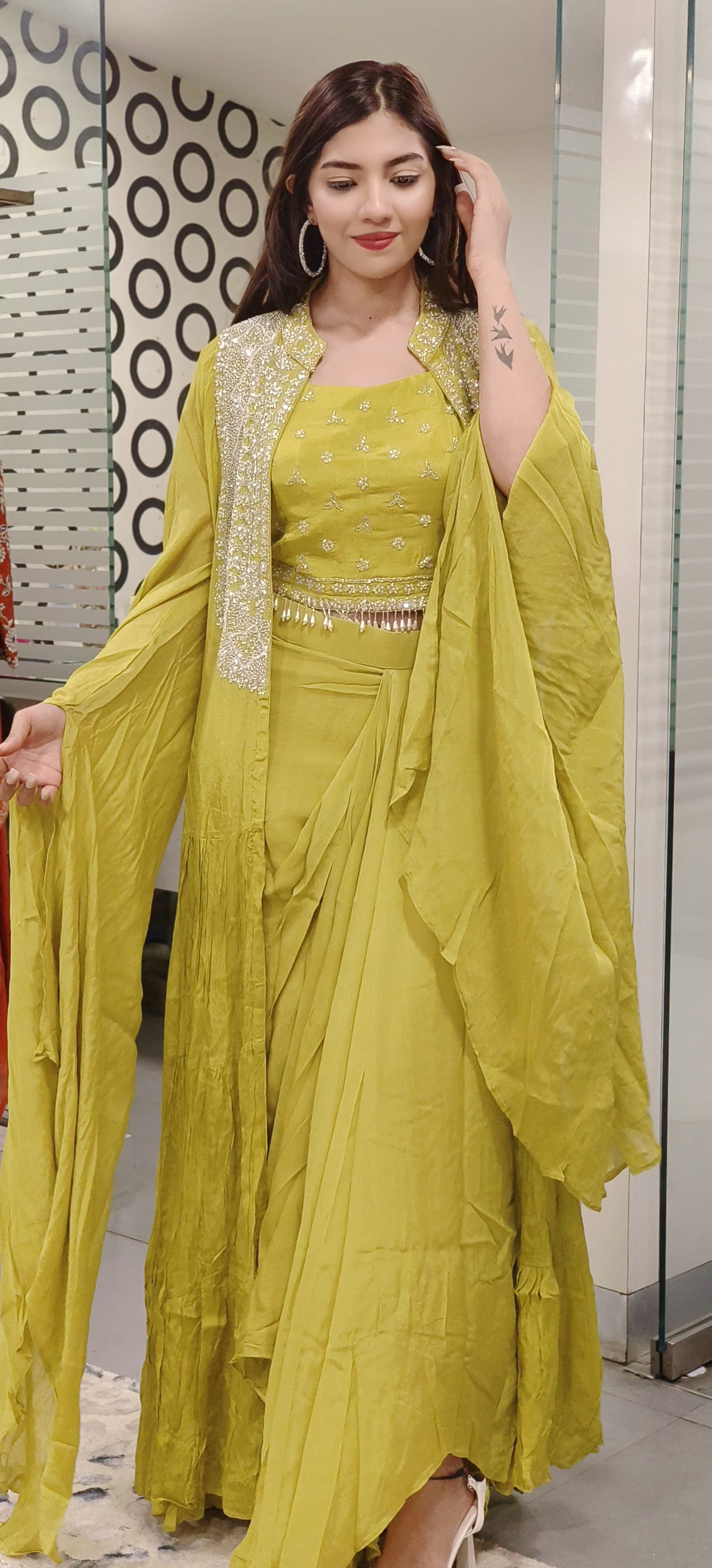 Designer Chinon Cut dana Embroidered Indowestern Crop top with Skirt And Shrug-09013,09014,09015