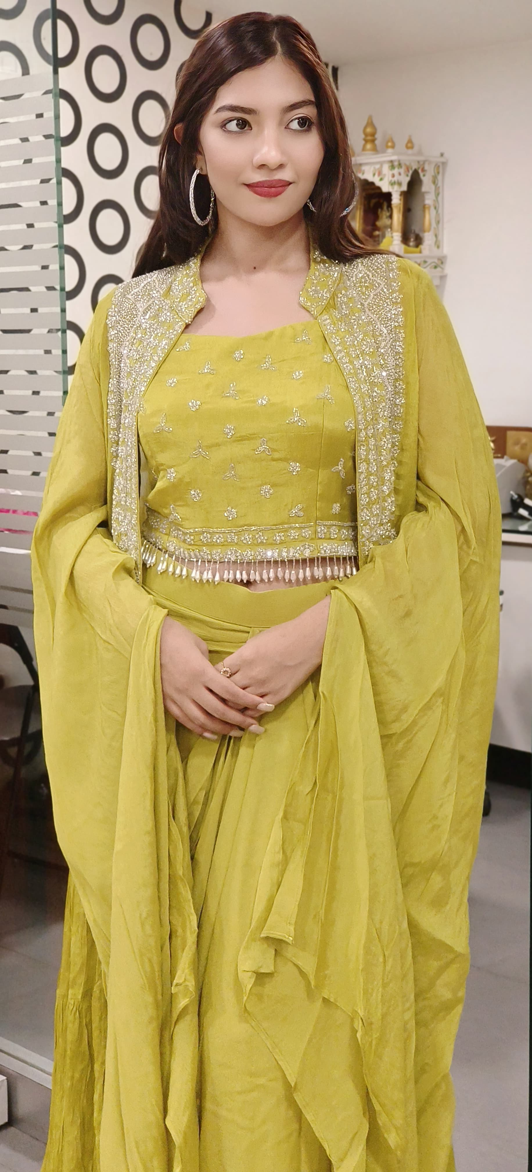 Designer Chinon Cut dana Embroidered Indowestern Crop top with Skirt And Shrug-09013,09014,09015