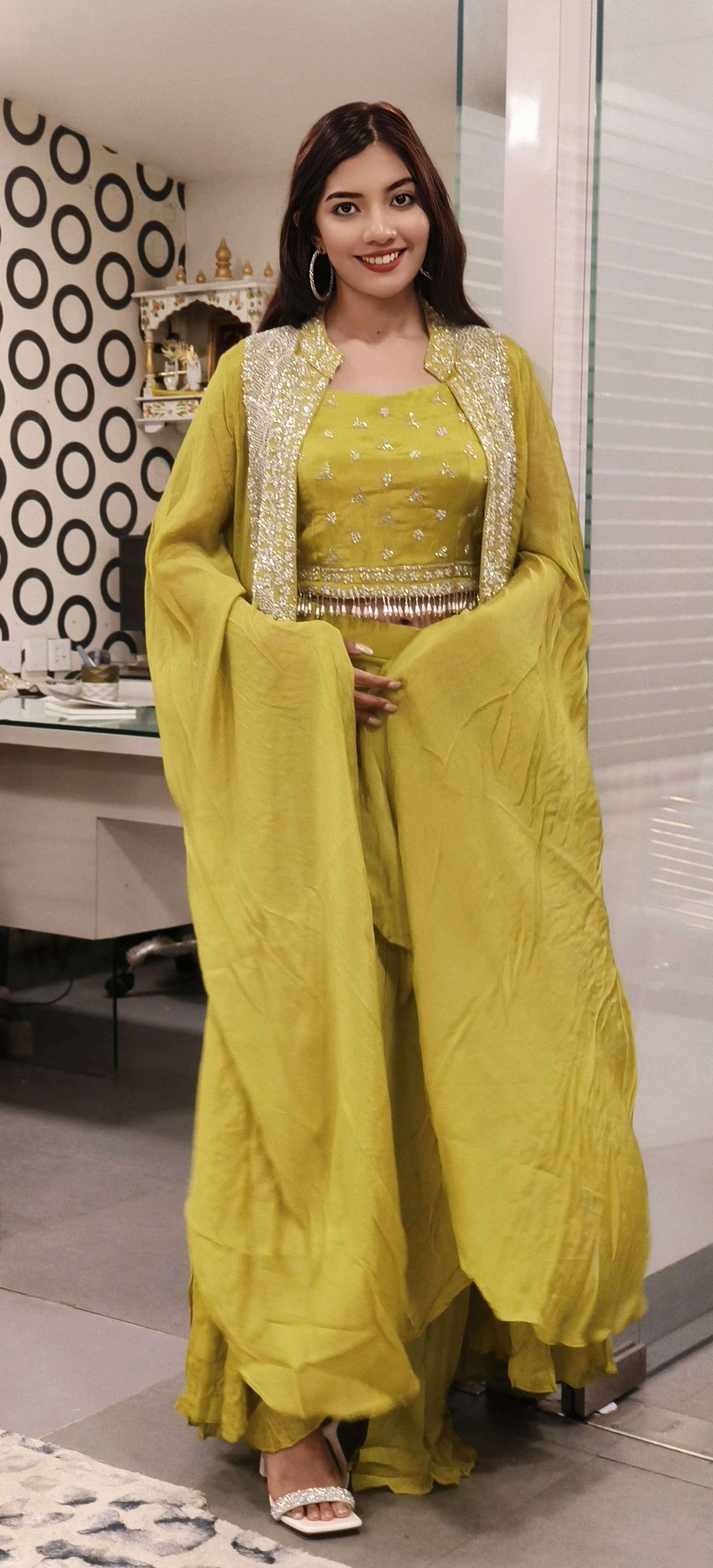 Designer Chinon Cut dana Embroidered Indowestern Crop top with Skirt And Shrug-09013,09014,09015